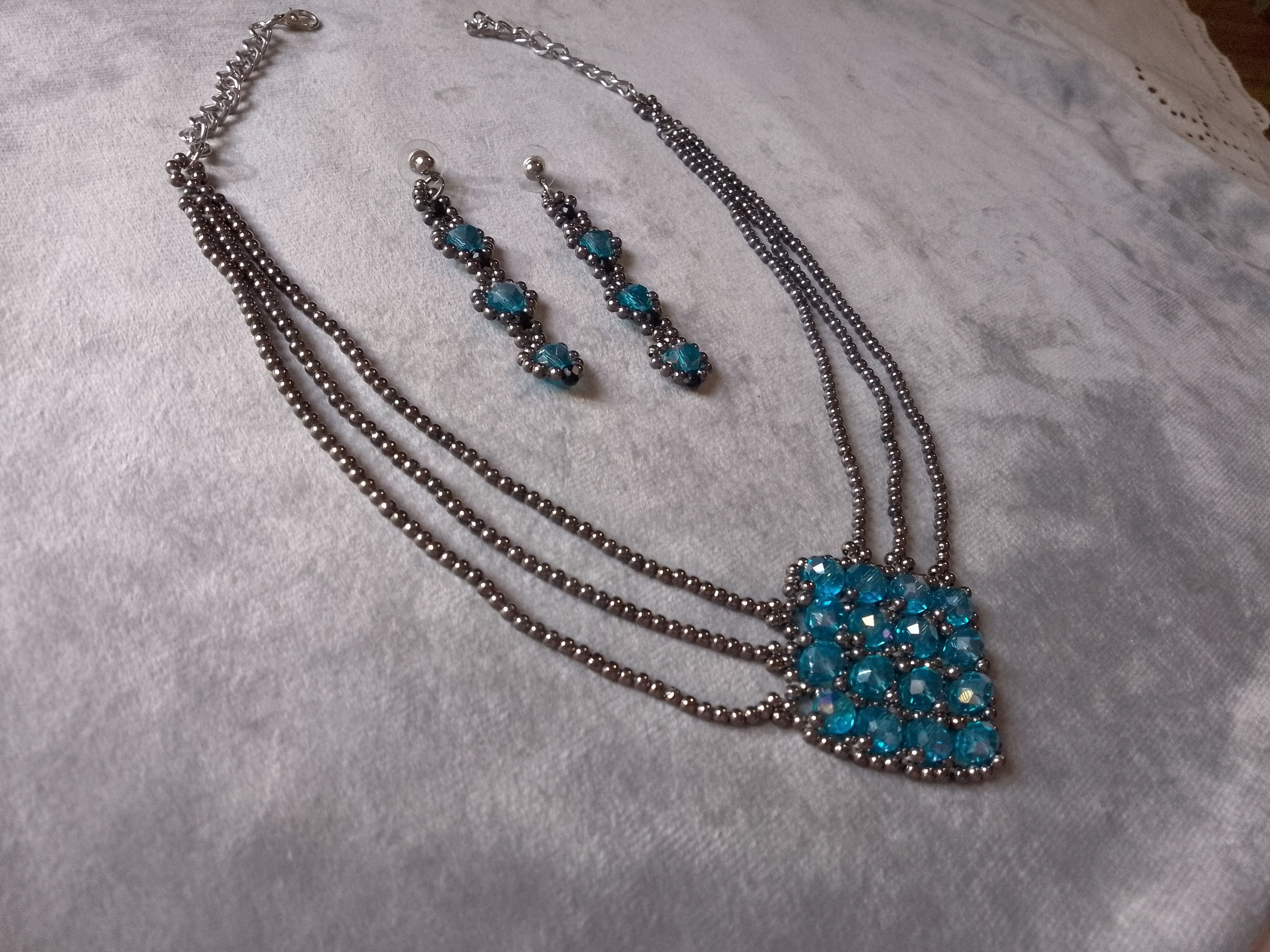 Handmade Necklace. Crystal, gray Brass. Multi thread. Earrings Size ONE SIZE - 7 Thumbnail