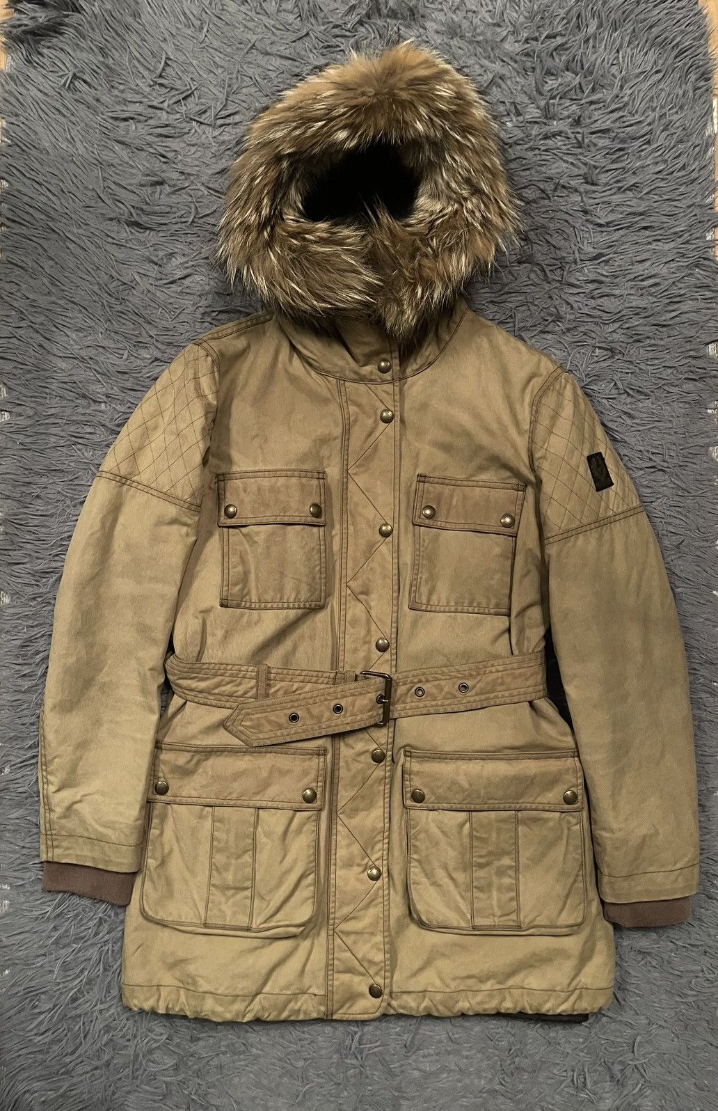 image of Belstaff 00S Waxed Belted Jacket With Liner Coyote Fur Hood in Beige, Women's (Size Large)