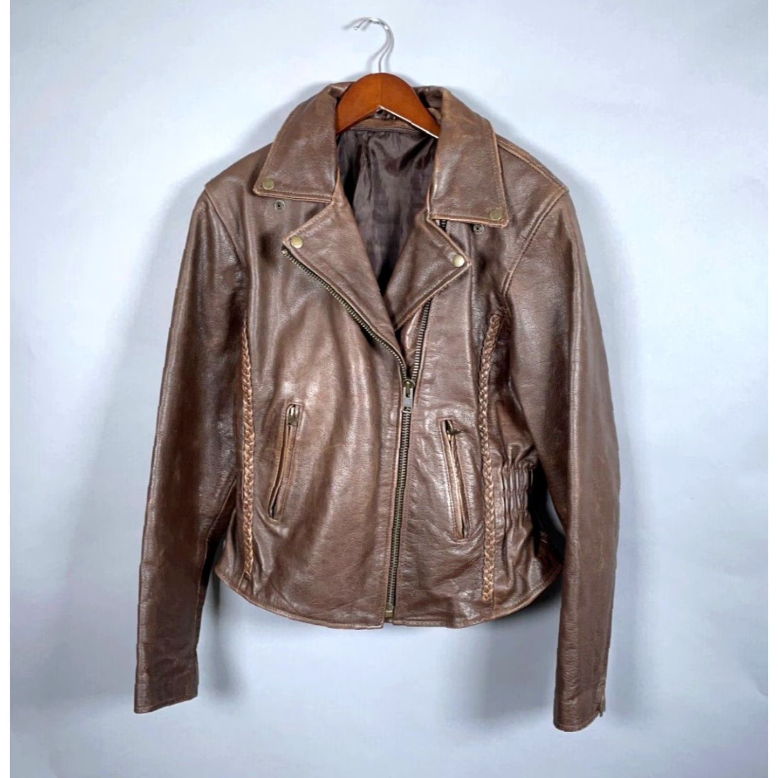 Vintage VINTAGE Motorcycle Leather Jacket Women’s Medium Dark Brown Retro Braided Biker 90s Size M / US 6-8 / IT 42-44 - 2 Thumbnail