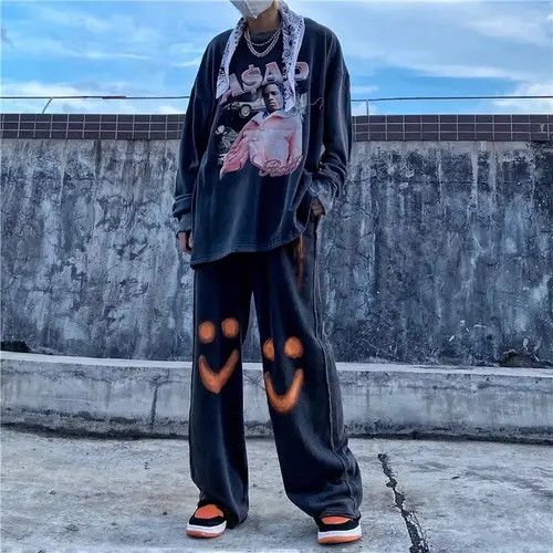 image of Vintage Orange Smile Streetwear Pants in Black, Men's (Size 33)