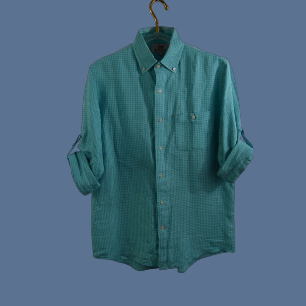 Vintage Hickey Freeman Men's Teal Green Check Linen Shirt Size M Size US M / EU 48-50 / 2 - 1 Thumbnail