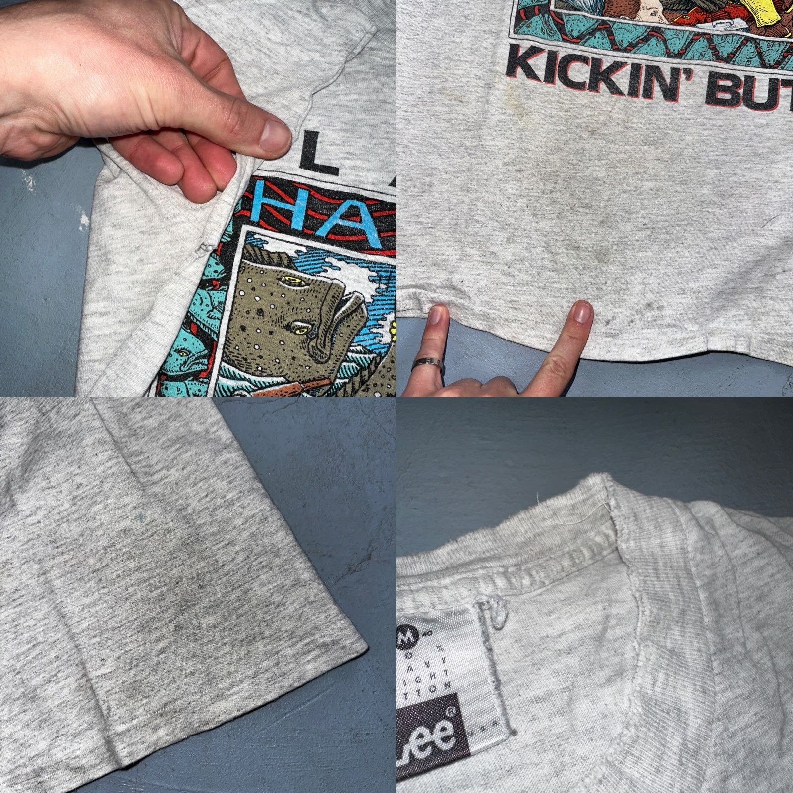 Lee VINTAGE Lee T-Shirt Men Medium Gray Fish Graphic 90s Alaska Halibut Kickin Butt Summer Fall Winter Spring Size US M / EU 48-50 / 2 - 8 Thumbnail