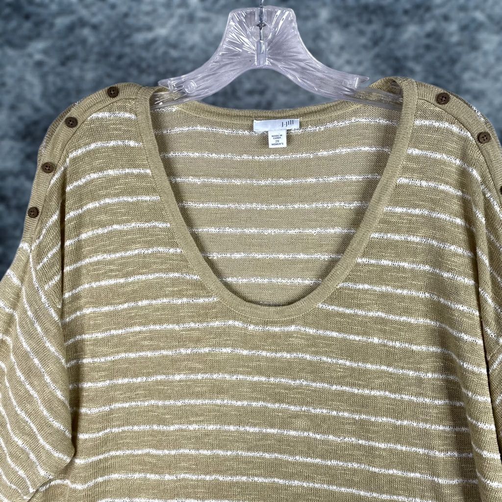 J. Jill J. Jill Blouse Womens 2X Tan White Linen Blend Knit V Neck Button Detail Short Sleeve Floral Striped Bohemian Beach Classic Mens? Size XXL / US 16-18 / IT 52-54 - 1 Thumbnail