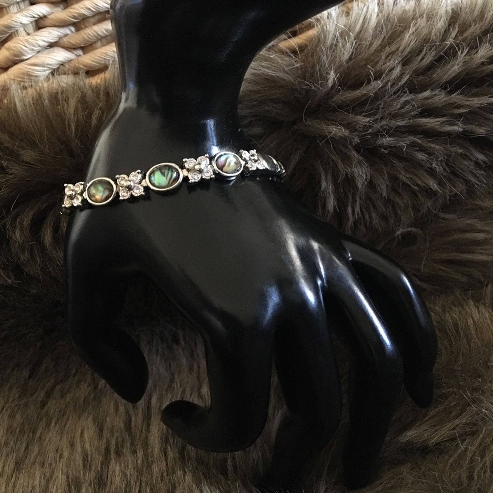 Jewelry Glass cabochon abalone silver rhinestone bracelet Size ONE SIZE - 4 Thumbnail