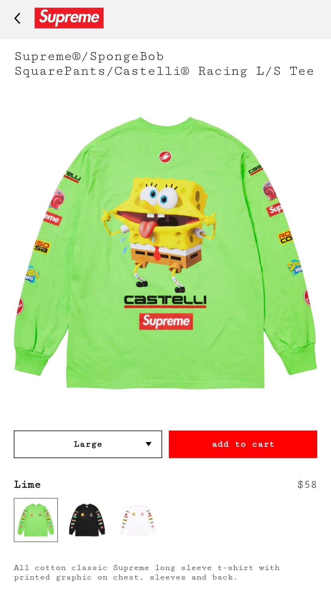 Supreme SpongeBob SquarePants Castelli Racing L S Tee (SS25
