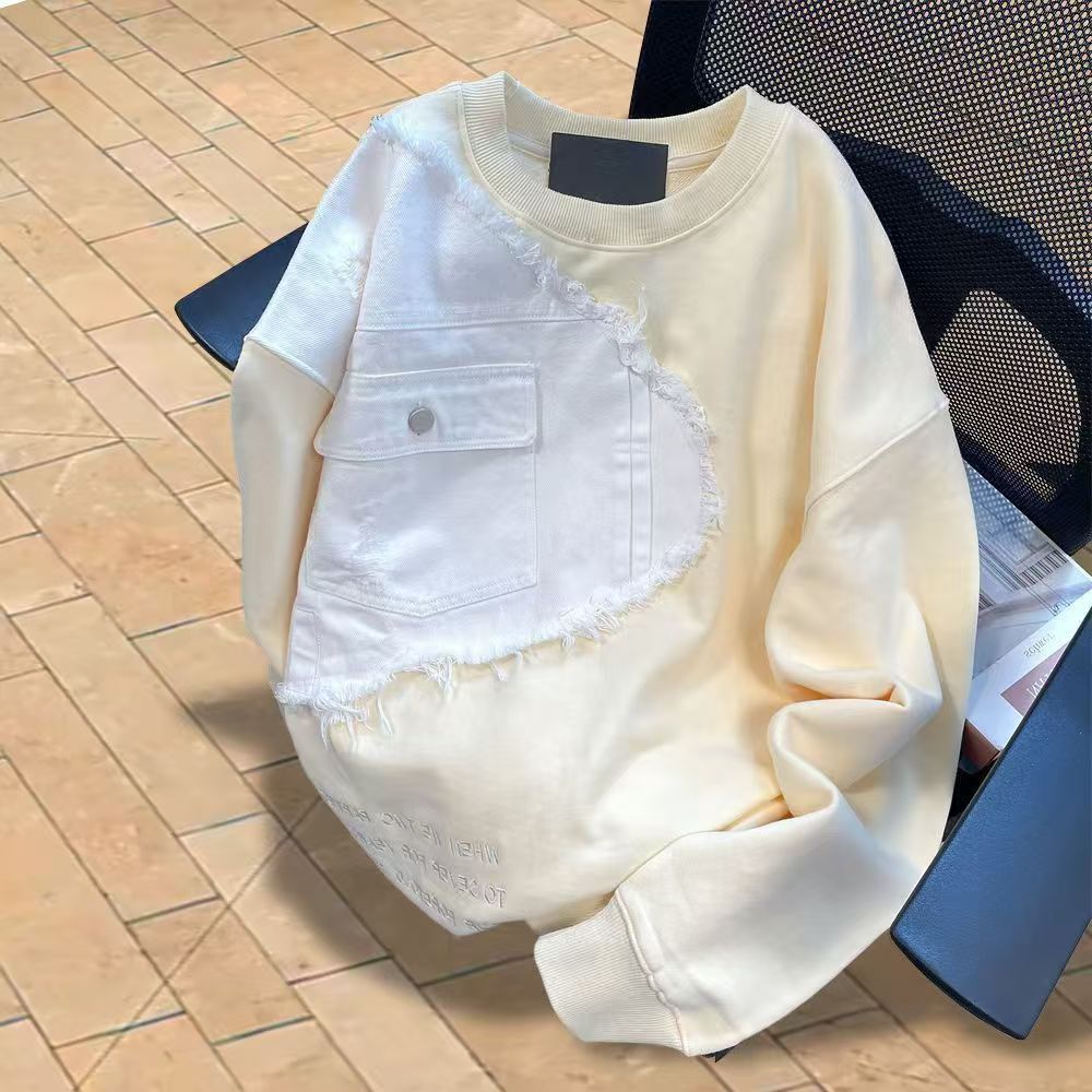 Vintage Cream Oversized Sweatshirt with Denim Patch & Frayed Edges Size US M / EU 48-50 / 2 - 1 Thumbnail