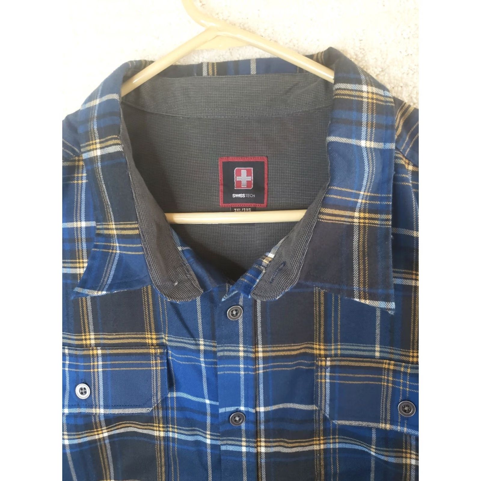Vintage SwissTech Shirt Blue Plaid Button-Down 3XL Mens Long Sleeve Outdoor Casual Travel Lightweight Woven Spandex Pocket Size US XXL / EU 58 / 5 - 4 Thumbnail