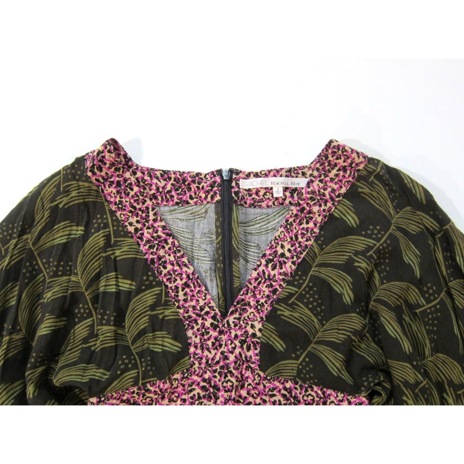 Pinko Rachel Roy Floral 100% Rayon Green Pink V-Neck Empire Dress Long Flare Sleeve Knee Length Women 2 Size XS / US 0-2 / IT 36-38 - 4 Thumbnail