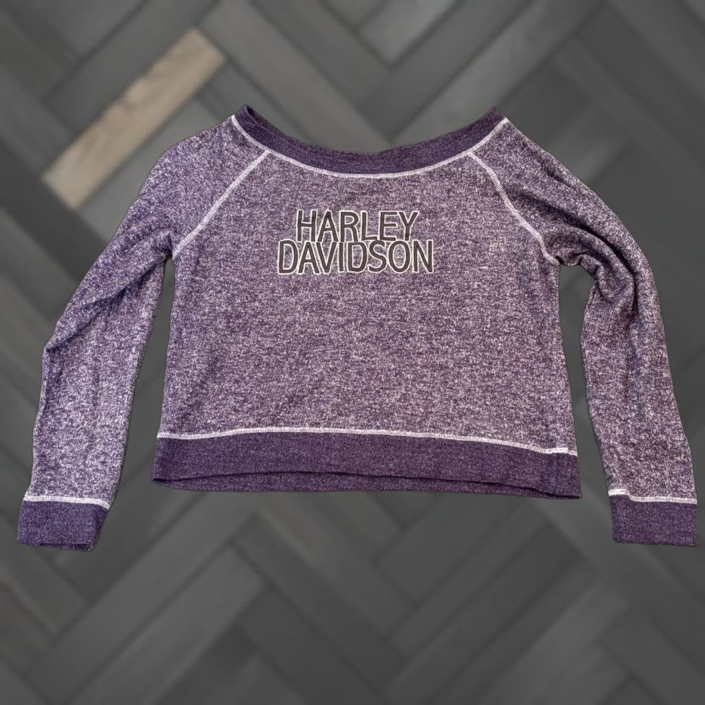 Harley Davidson Harley-Davidson Sweatshirt Womens XL Purple Cropped Wide Neck Off Shoulder Moto Logo Pullover Shirt Size XL / US 12-14 / IT 48-50 - 1 Thumbnail