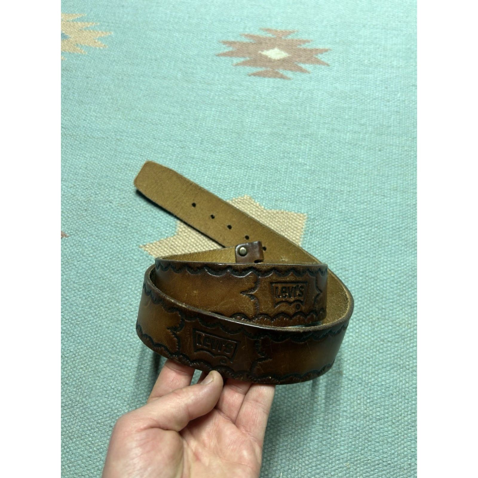 Vintage VINTAGE Levi’s Tooled Leather Belt Band Stained Lattigo Brown Men’s Size 38 Leather Brown Men’s 38 Size ONE SIZE - 2 Thumbnail