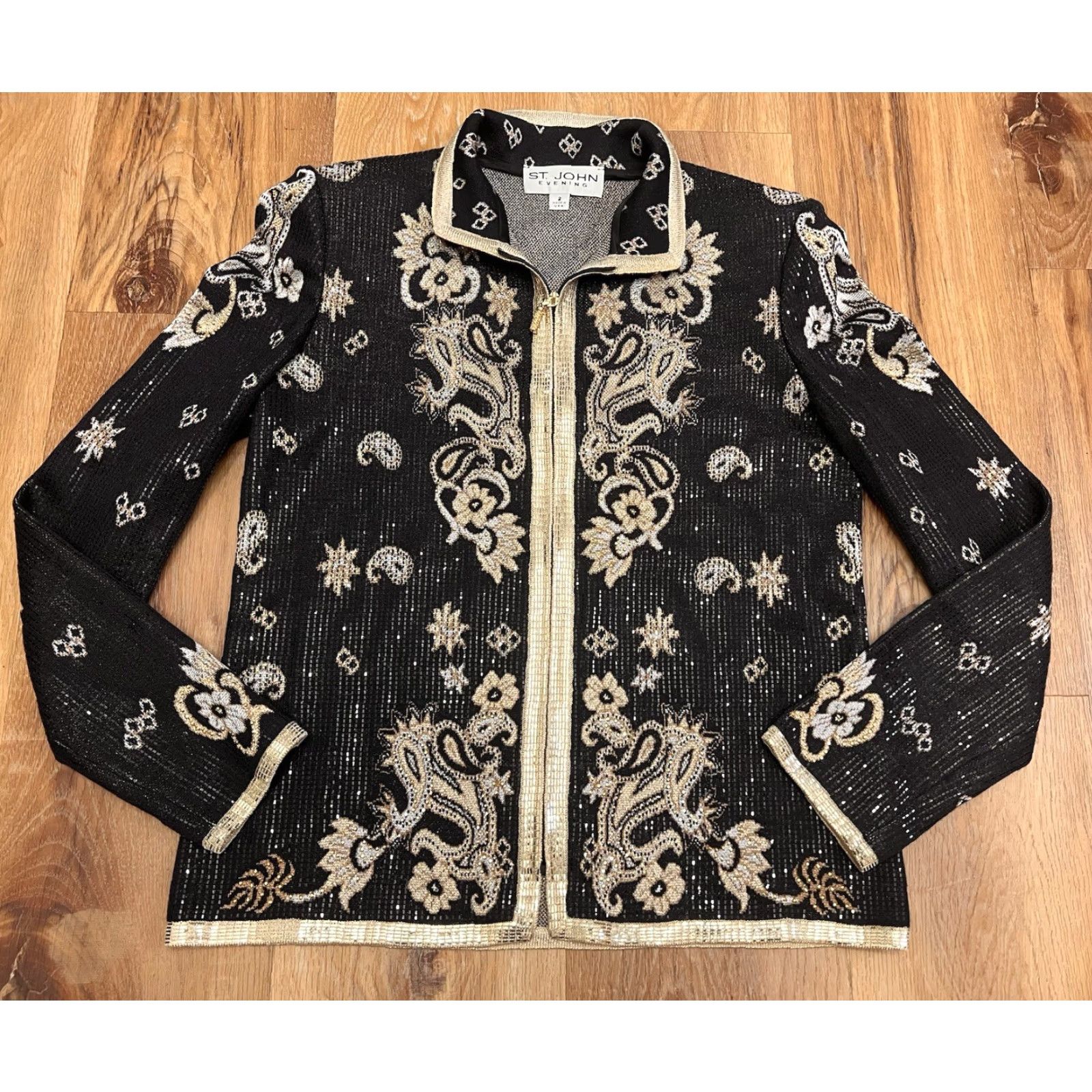 St. John VINTAGE St. John Evening PUllette Paisley Jacket sz 2 Black/Gold EUC Size XS / US 0-2 / IT 36-38 - 2 Thumbnail