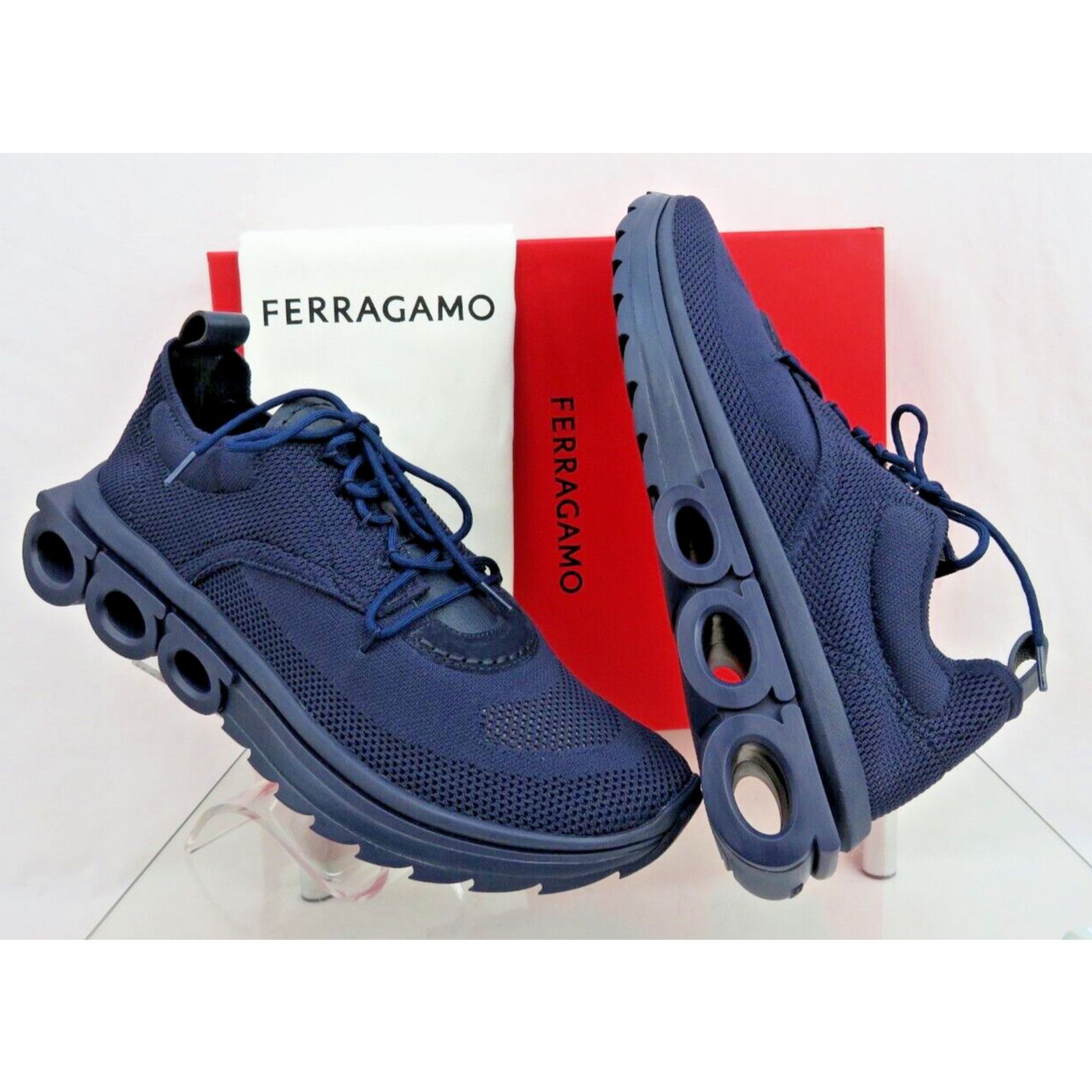 Salvatore Ferragamo FERRAGAMO DARK BLUE NIMA MESH LEATHER LOGO SNEAKERS 11 44 Size US 10 / EU 43 - 1 Thumbnail