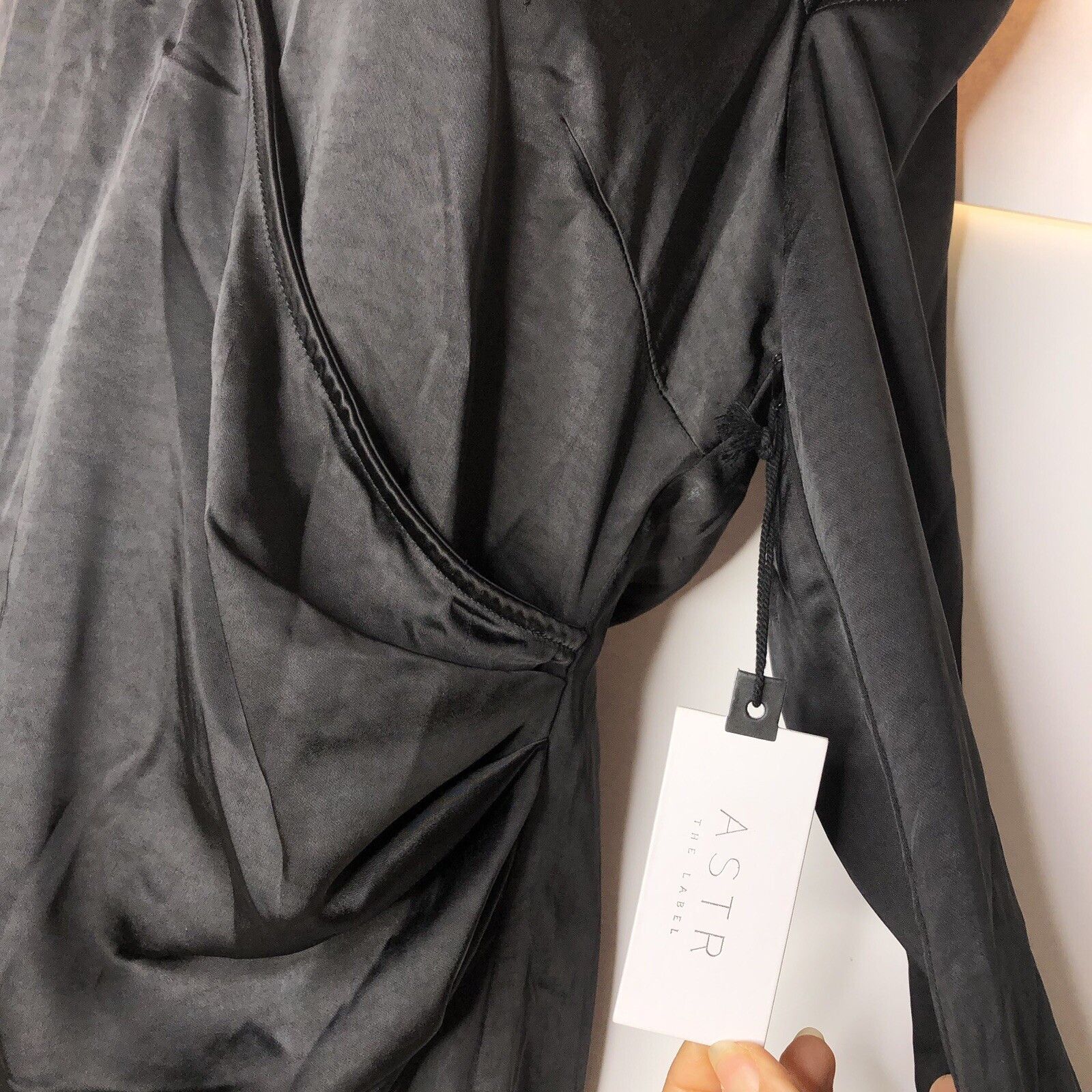ASTR The Label ASTR Cutout Shoulder Black Satin Mini Dress Side Waist Size M / US 6-8 / IT 42-44 - 10 Thumbnail