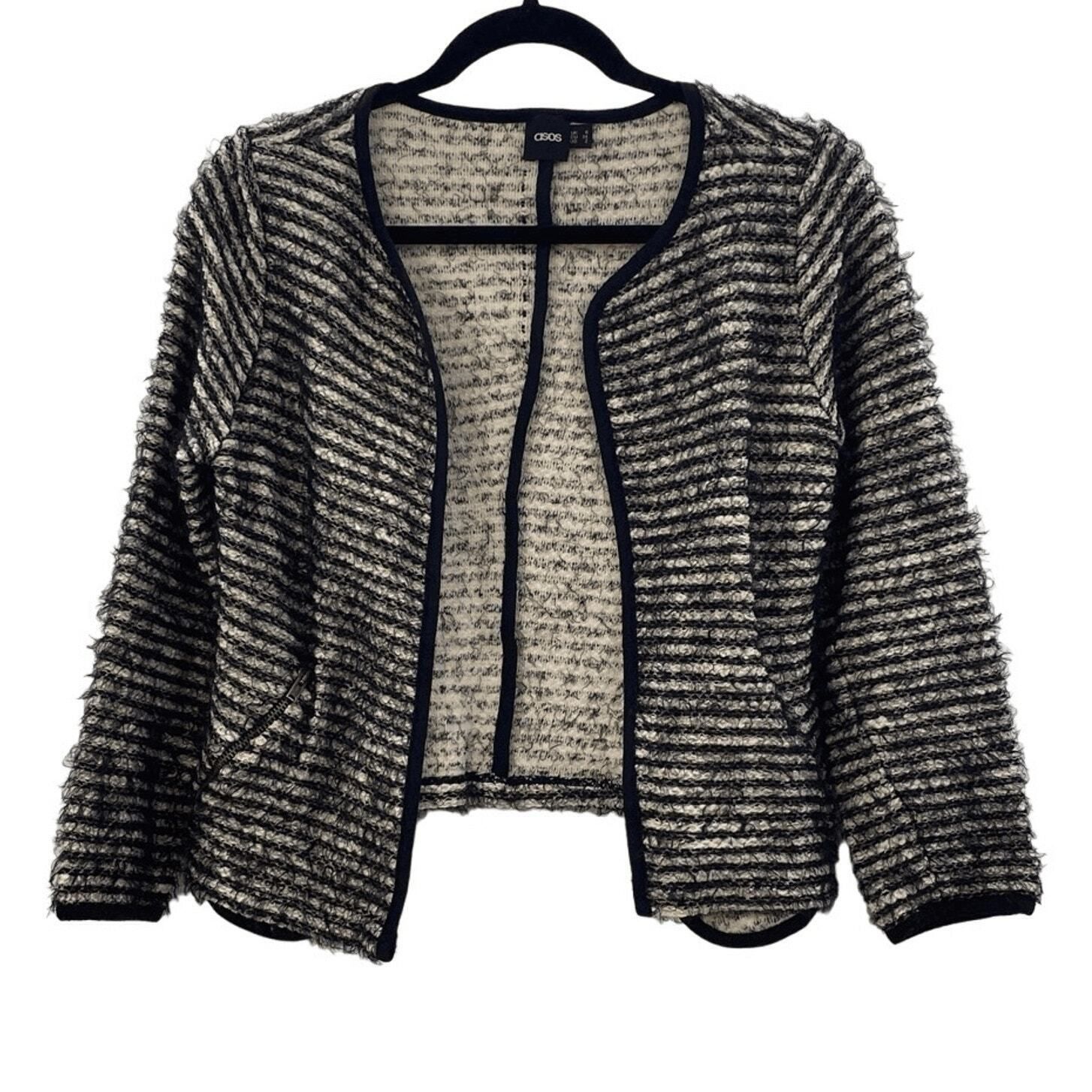 Asos Asos Black Cream Striped Knitted Open Front Cardigan Size 2 Preppy Versatile 60s Size XS / US 0-2 / IT 36-38 - 1 Thumbnail