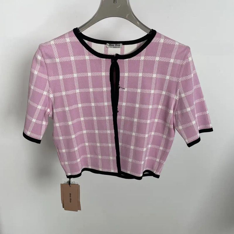 Miu Miu Miu Miu Pink Cotton Checked Cardigan 0089 Size M / US 6-8 / IT 42-44 - 1 Thumbnail