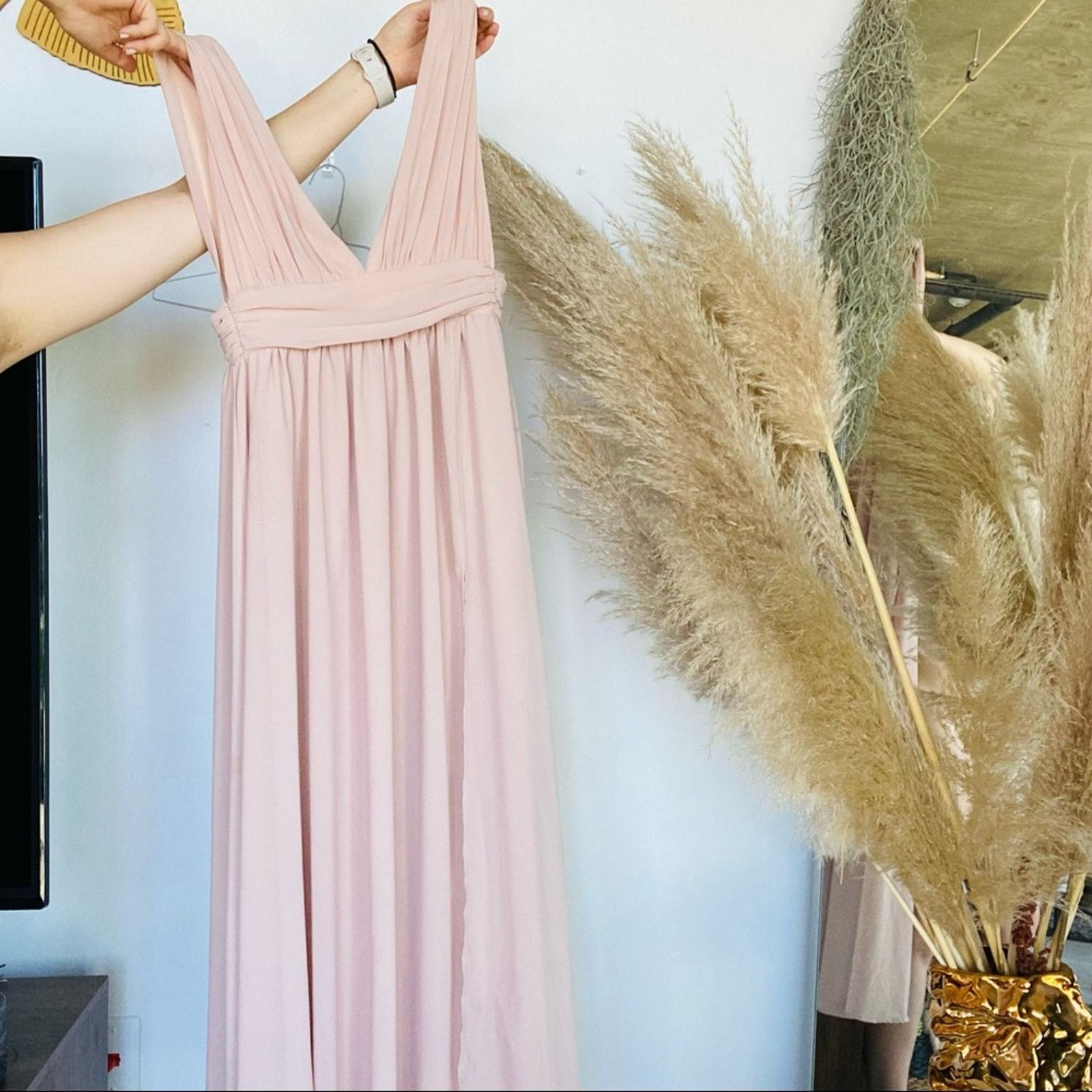 watermelon red bridesmaid dresses Dress Spaghetti Straps Cowl Neck Sheath/Coulmn Ruched Floor Length Chiffon Bridesmaid Dress With Slit Color:Pine Hard Mark Azazie Saige The expert design of