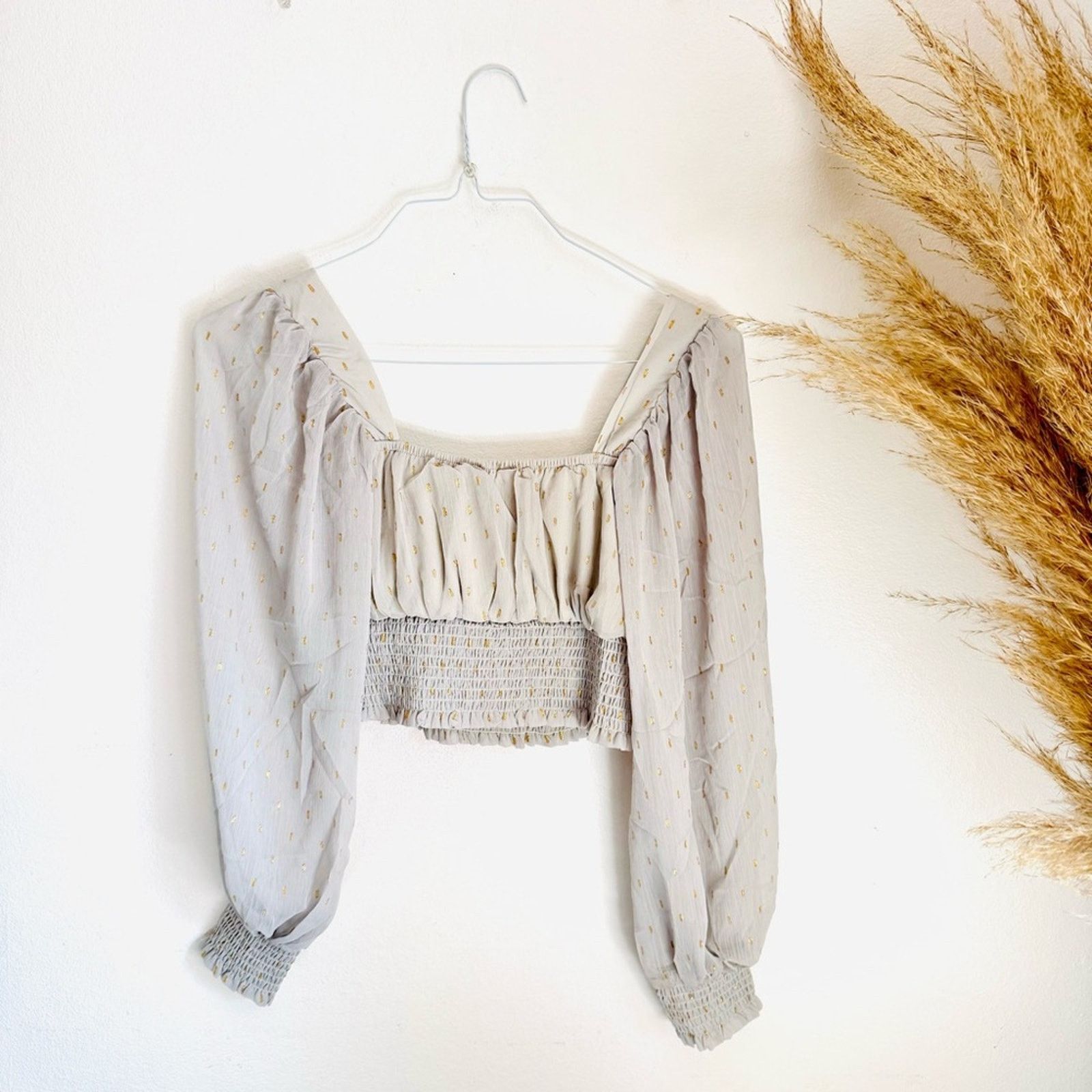 Nordstrom NEW Grey Gold Metallic Polka Dot Long $88 Crop Top Blouse Size S / US 4 / IT 40 - 6 Thumbnail