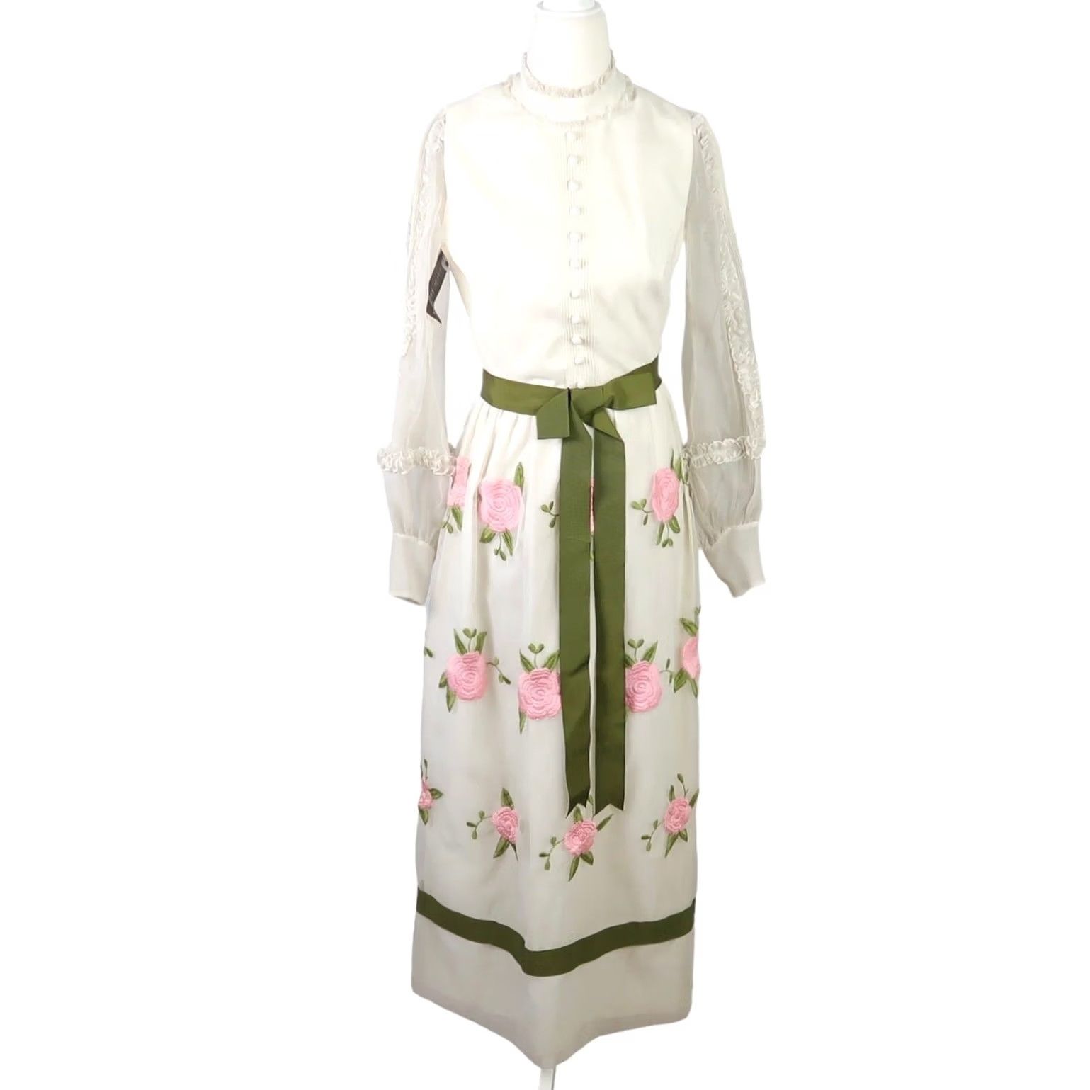 Vintage VINTAGE Jack Bryan Formal Maxi Dress 8 Cream Pink Floral Embroidered Long Sleeve 60s 70s Bohemian Women Size M / US 6-8 / IT 42-44 - 2 Thumbnail
