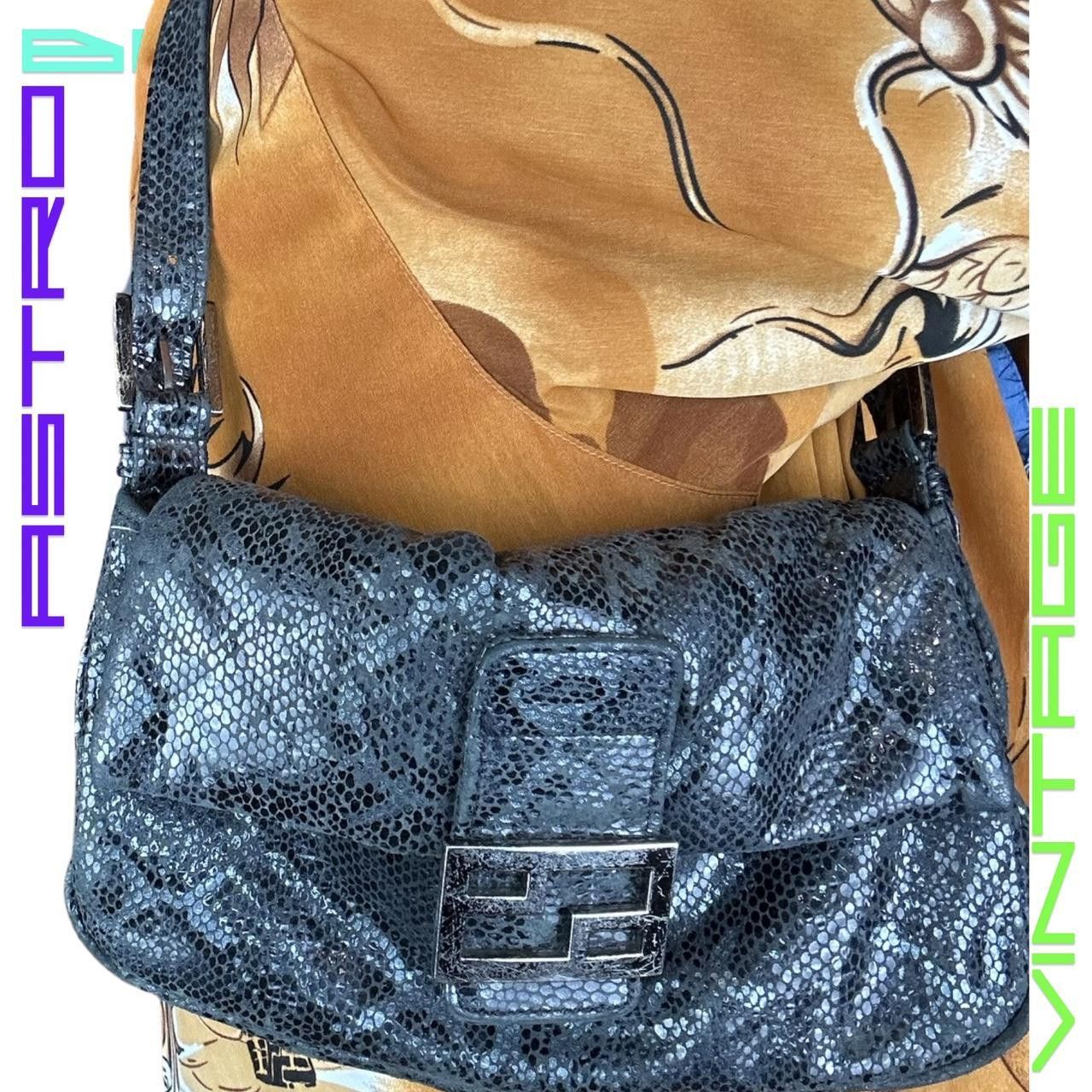 Vintage Faux Snake Skin Black Baguette Shoulder Bag, Women's