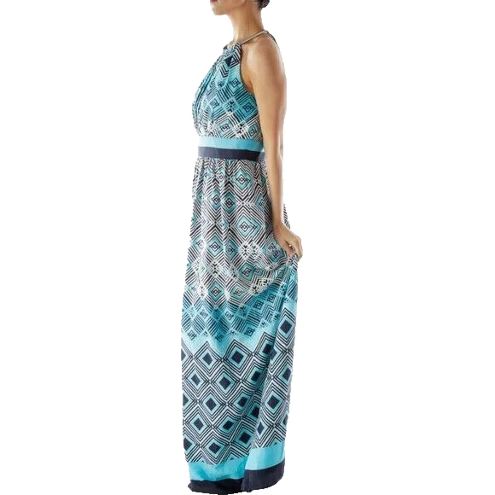 White House Black Market WHBM GEO PRINT BLUE SQUARES SILKY HALTER MAXI DRESS - SZ M Size M / US 6-8 / IT 42-44 - 3 Thumbnail