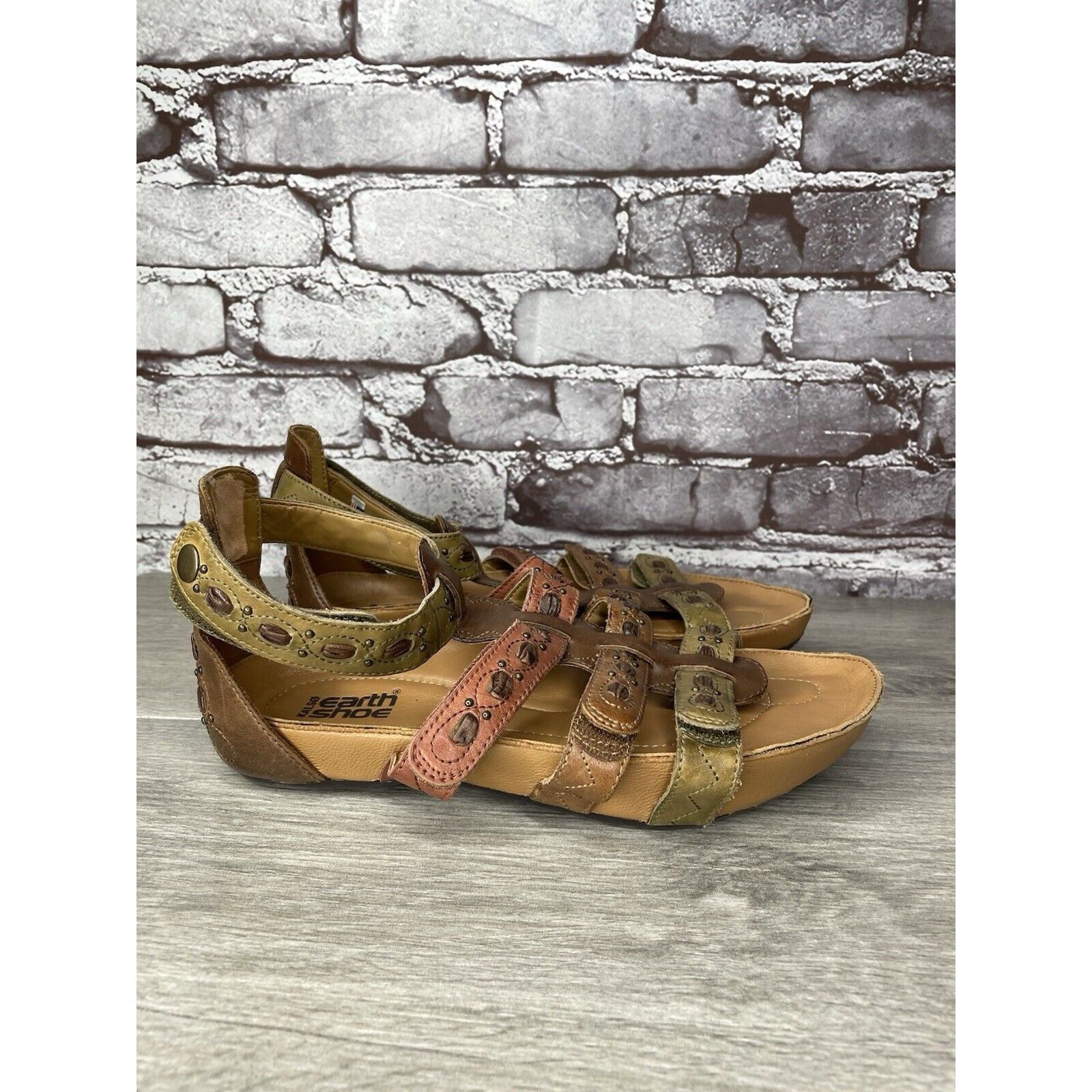 Other Earth Kalso Empire Bat Brown Leather Green Ankle Strap Wedge Size US 7.5 / IT 37.5 - 5 Thumbnail