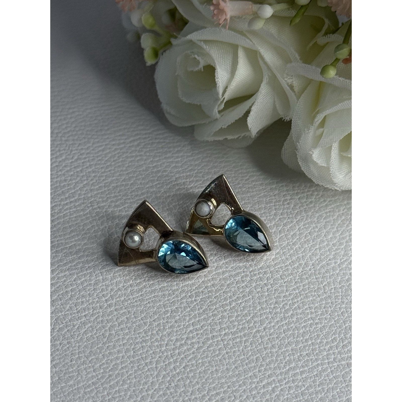 Jewelry 925 STERLING SILVER TOPAZ & PEARL EARRINGS LENGTH 0.70 INCH Size ONE SIZE - 5 Thumbnail
