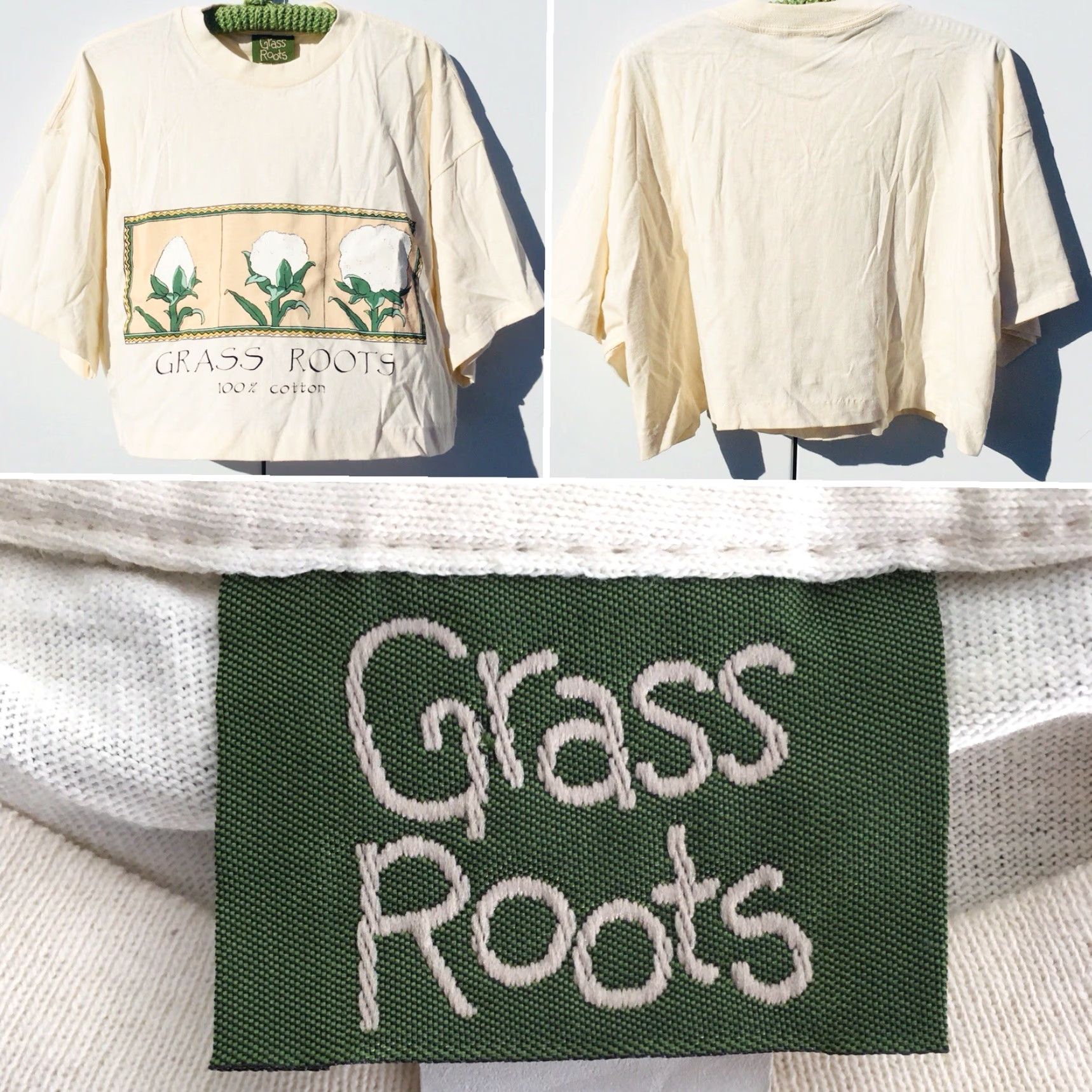 Vintage VTG Grass Roots Crop Top Graphic T Shirt One Size Made In USA Ivory Cotton Crew Neck Short Sleeve Women Shirt Size ONE SIZE - 5 Thumbnail
