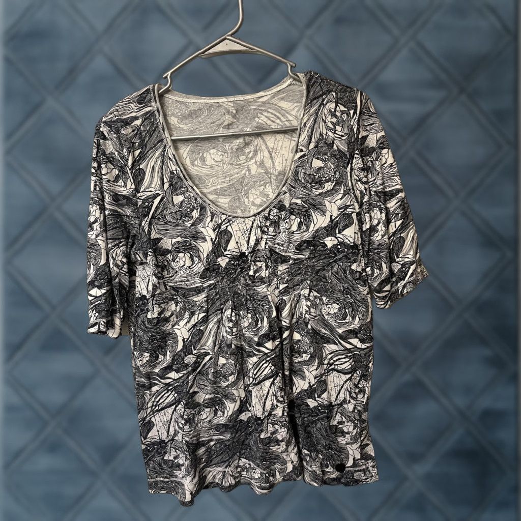 Calvin Klein Calvin Klein Blouse Womens PM Black White Floral Scoop Neck 1/2 Sleeve Size M / US 6-8 / IT 42-44 - 1 Thumbnail