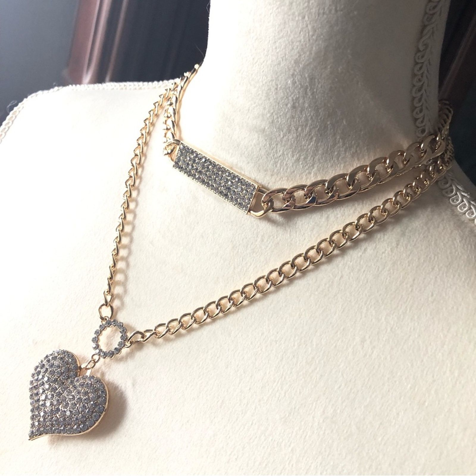 Jewelry European style two piece clear stone gold necklace set NEW Size ONE SIZE - 5 Thumbnail