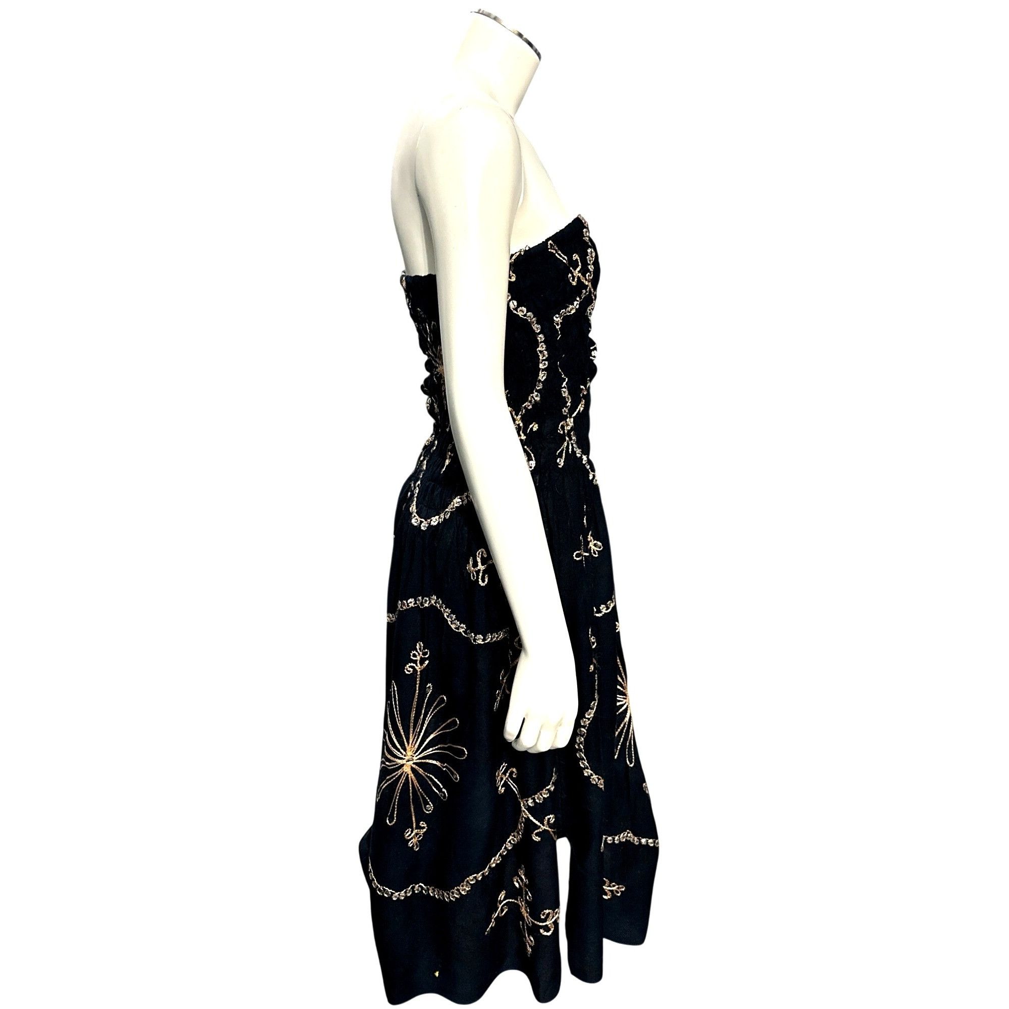 Other Black Strapless Smocked Embroidered Sequin Midi Dress Gold S Size S / US 4 / IT 40 - 7 Thumbnail