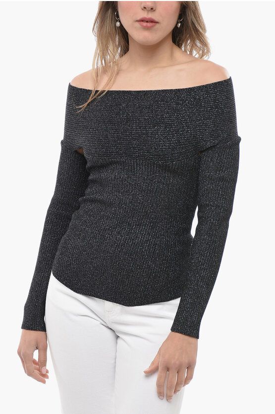 image of Khaite Boat Neckline Lurex Ribbed Sweater in Grey, Women's (Size XS)