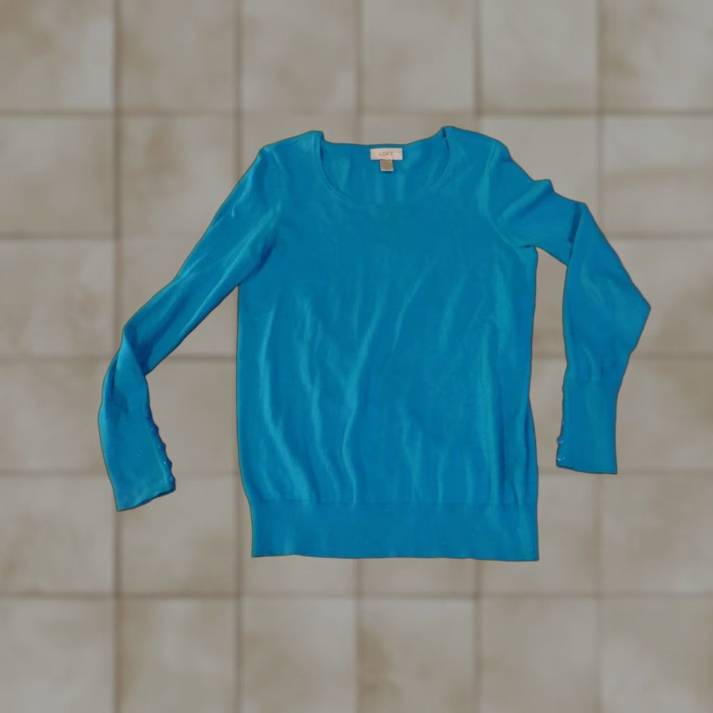 Loft LOFT Sweater Womens Small Blue Scoop Neck Pullover 100% Cotton Button Cuff Knit Size S / US 4 / IT 40 - 1 Thumbnail