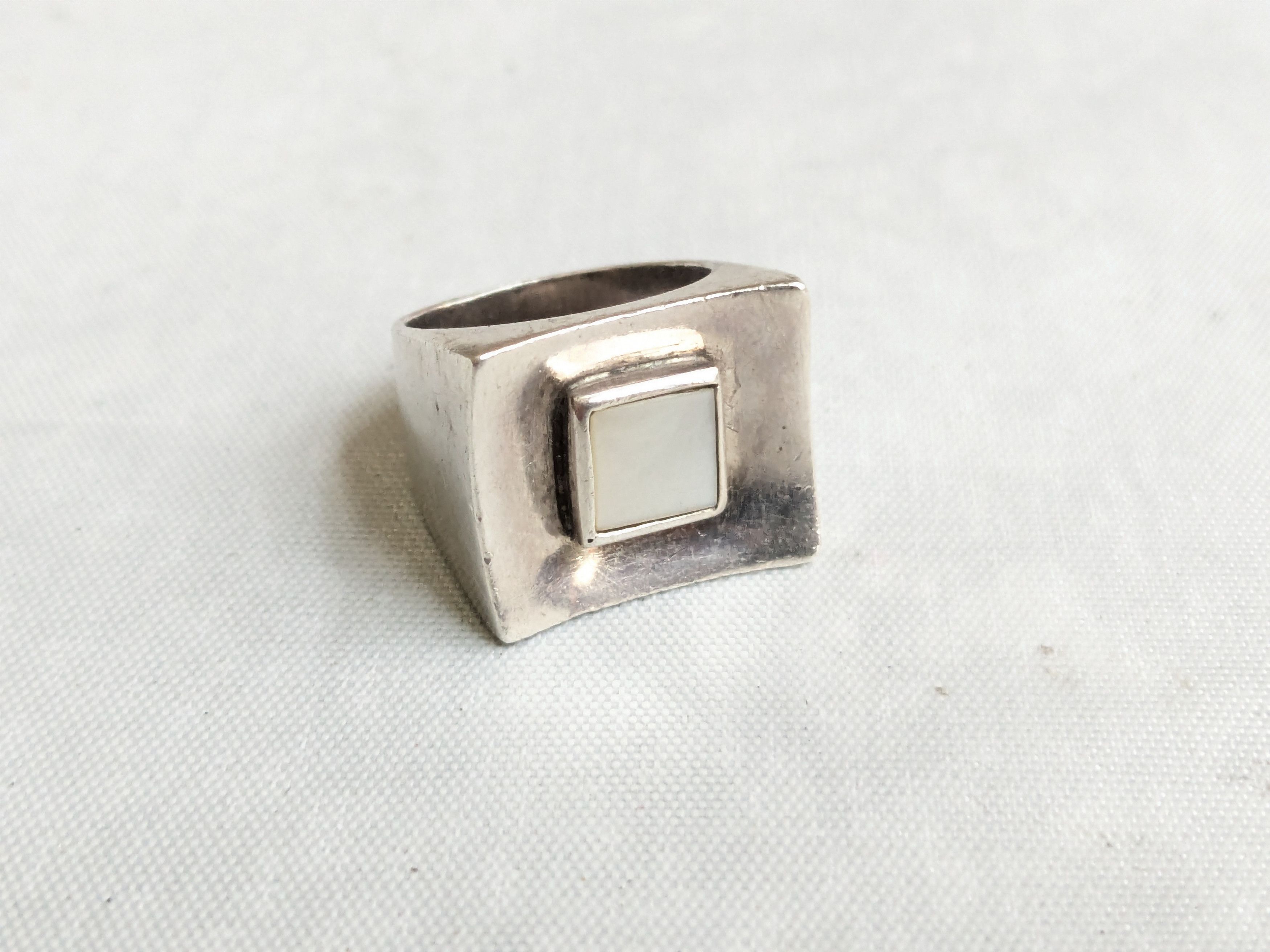 Vintage Sterling Silver Ring MOP Square Hollow Cocktail