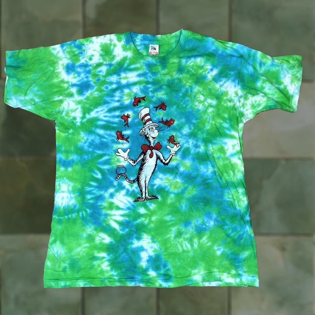 Fruit Of The Loom VINTAGE Dr. Seuss Cat In The Hat T-Shirt Size XL Green Tie Dye Shirt unisex Adults 90s Graphic Print Big Graphic Computer-Readable Size US XL / EU 56 / 4 - 1 Thumbnail