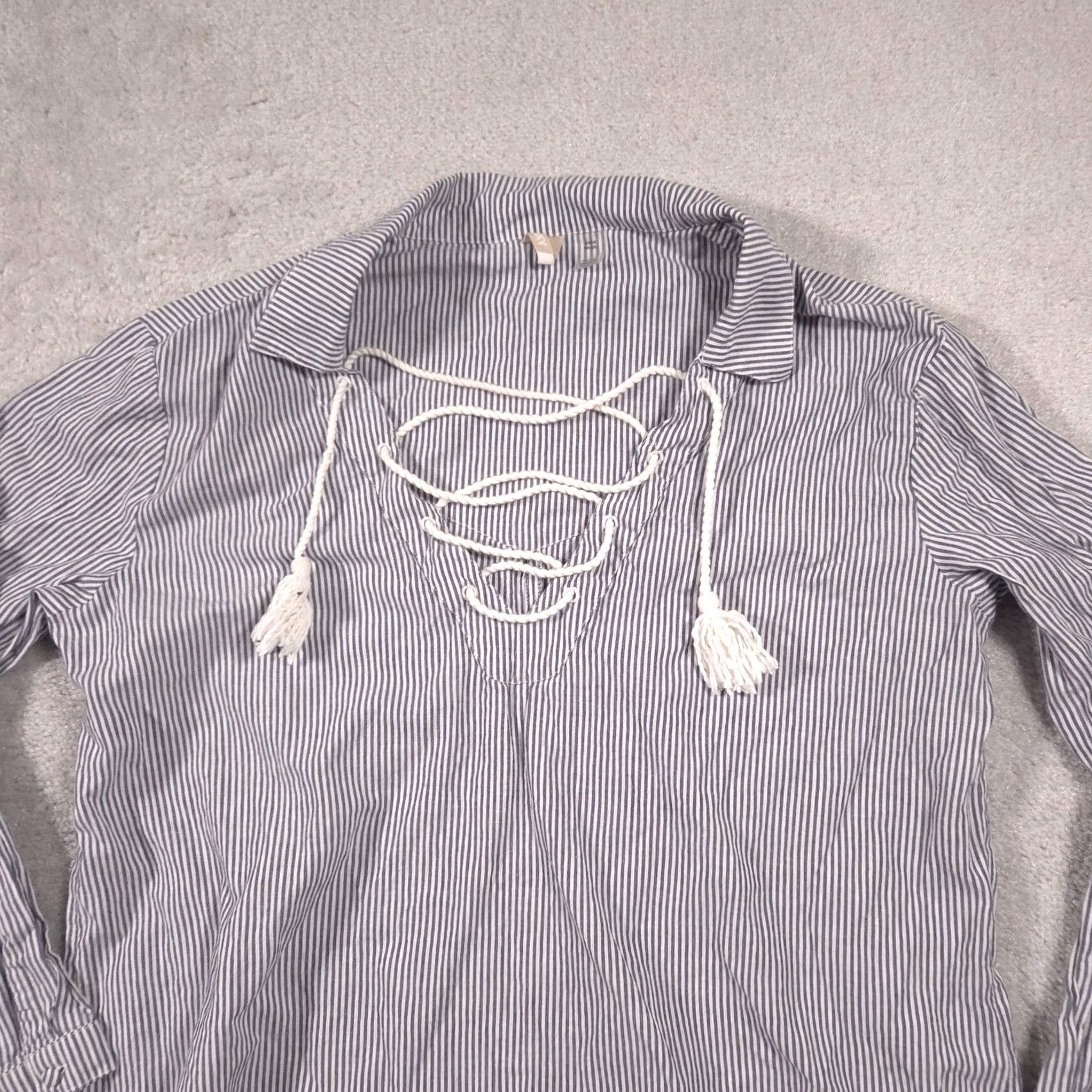 Vintage Roxy Blouse Womens S Blue Stripe Collared Lace Up Tunic Top Cotton Beach Shirt Size S / US 4 / IT 40 - 2 Thumbnail
