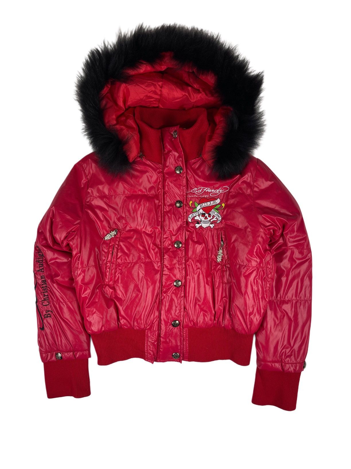 ジャケット・アウター 00s Ed Hardy fur hooded leather jacket 6b581edde1d42947165d4747acd277