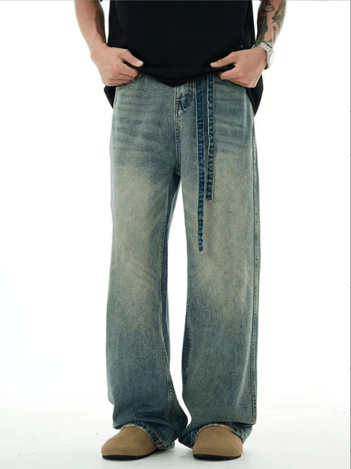 Japanese Brand × Jean Men's blue straight loose washed distressed belt jeans Size US 32 / EU 48 - 1 Thumbnail
