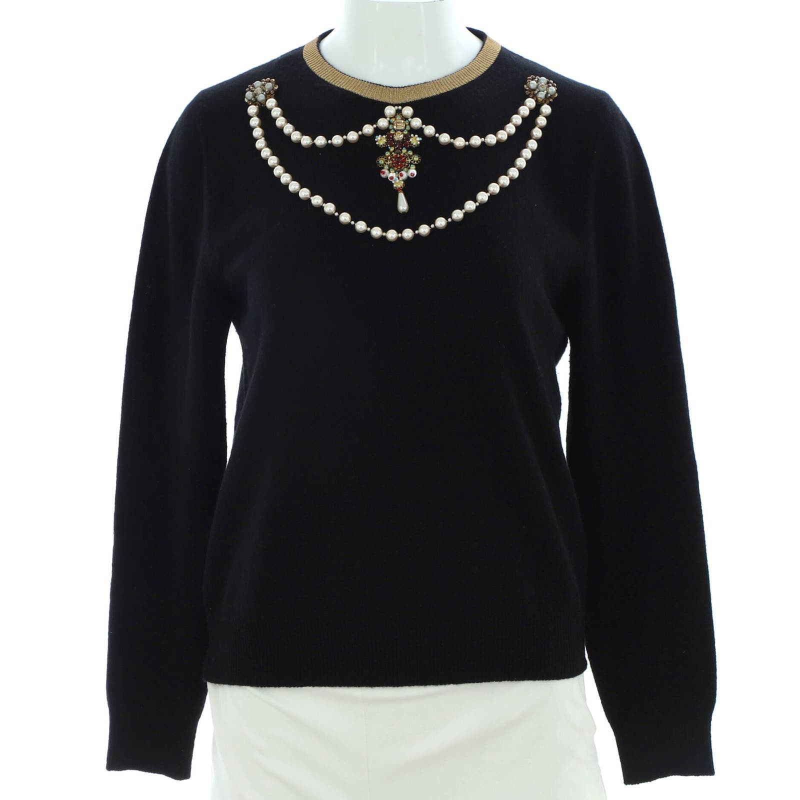 image of Gucci Women's Necklace Crewneck Sweater Embellished Wool None in Black (Size XL)