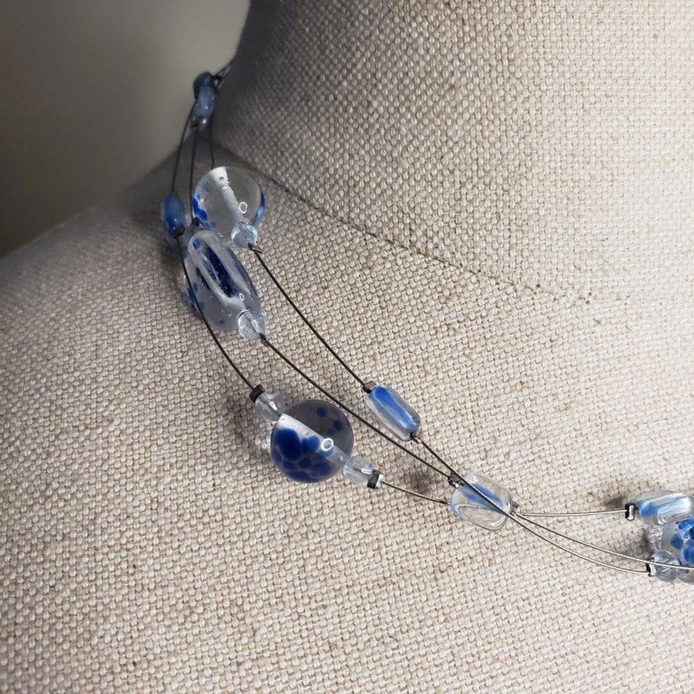 Designer Blue & White Beaded Wired Necklace 16" adjustable Size ONE SIZE - 3 Thumbnail