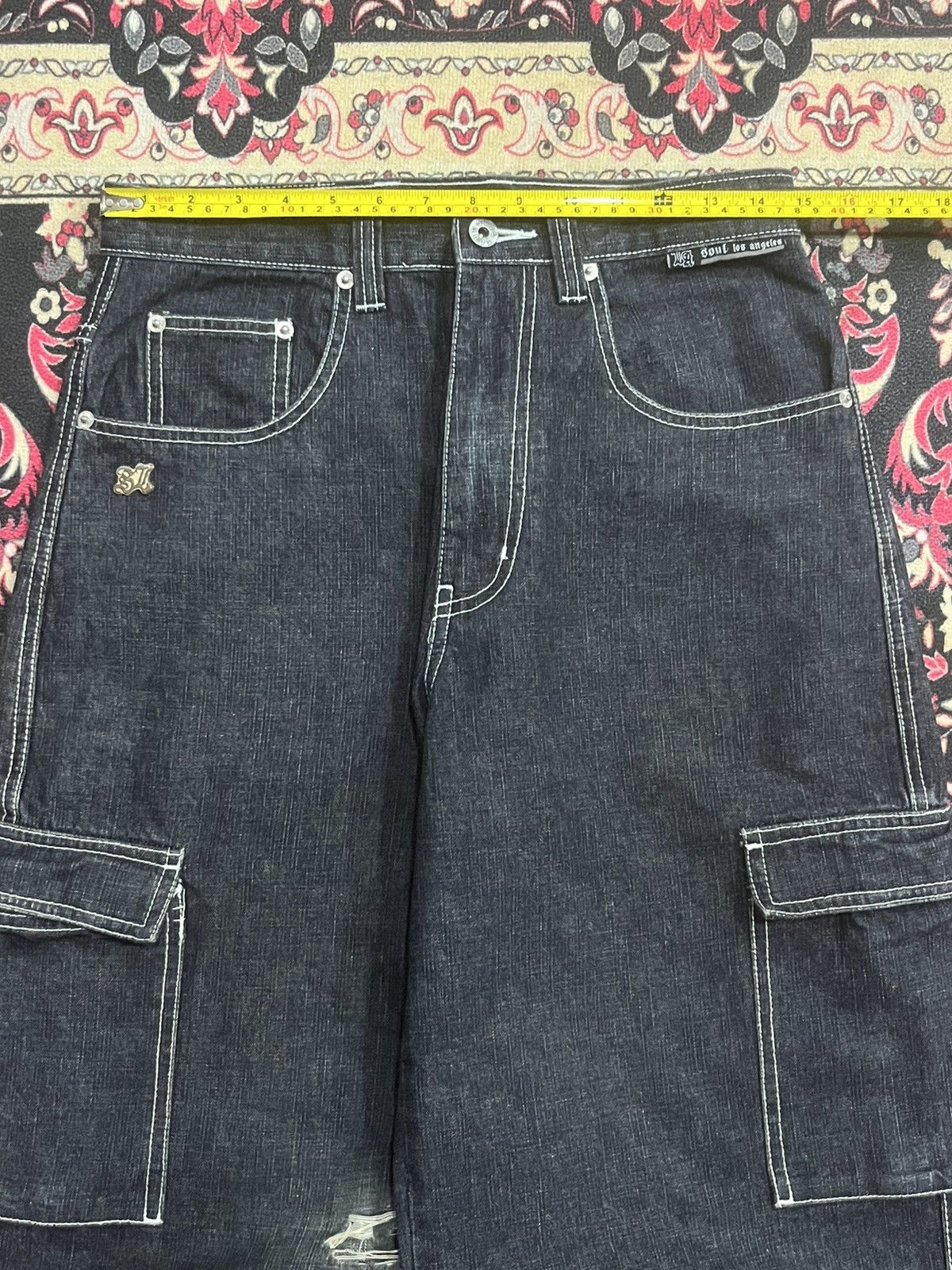 JNCO Vintage Soul Los Angeles Cargo Baggy Black Washed Jeans Size US 29 - 18 Thumbnail