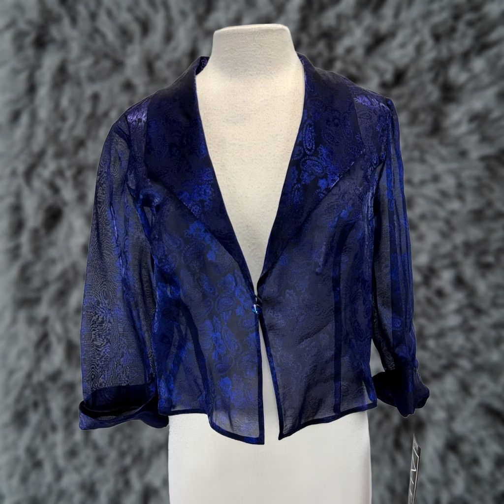VINTAGE Alex Evenings Jacket Women’s 14P Petite Blue Iridescent Semi Sheer 3/4 Sleeve Party Cocktail Evening