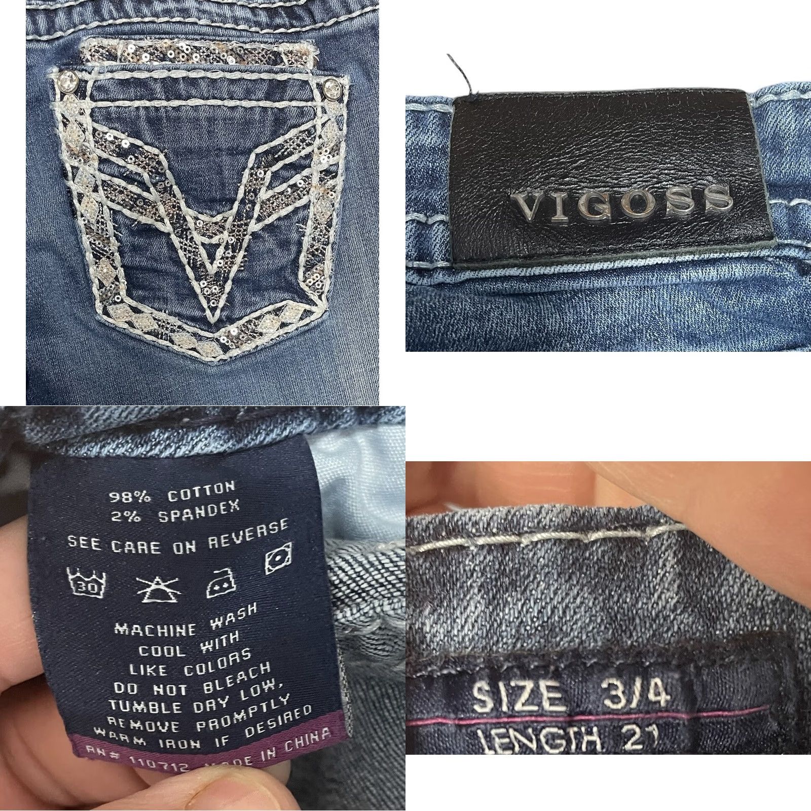 Vintage VIGOSS Jeans Capri Blue Studded Rhinestone Buttons Embroidered 3-4 28 Inseam 21in 5-Pocket Womens Capris Size 28" / US 6 / IT 42 - 10 Thumbnail