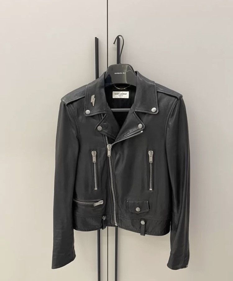 image of Saint Laurent Paris Leather Biker Lightning Detail Jacket in Black, Men's (Size XS)