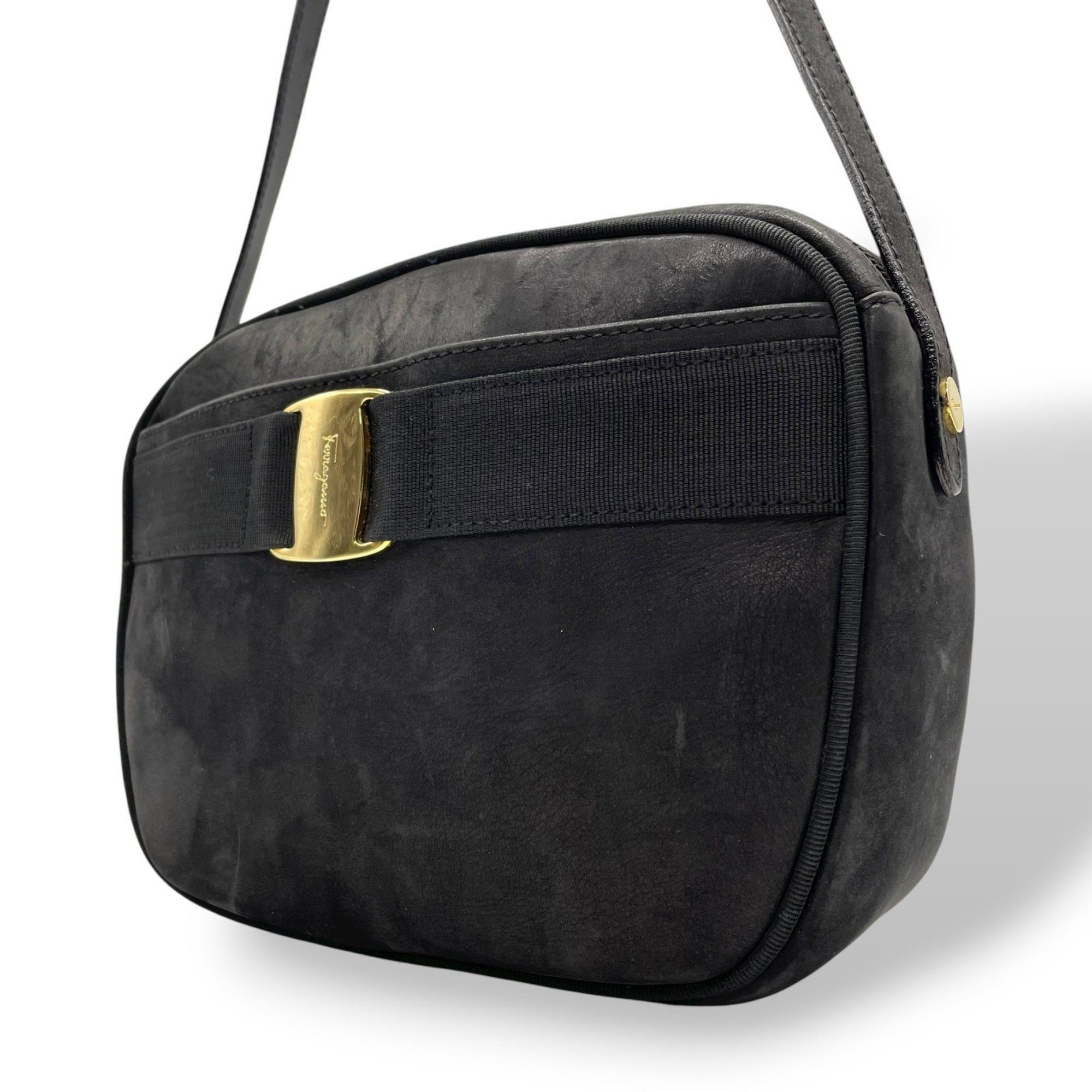Salvatore Ferragamo Vara Ribbon Shoulder Bag in Black Suede with  
