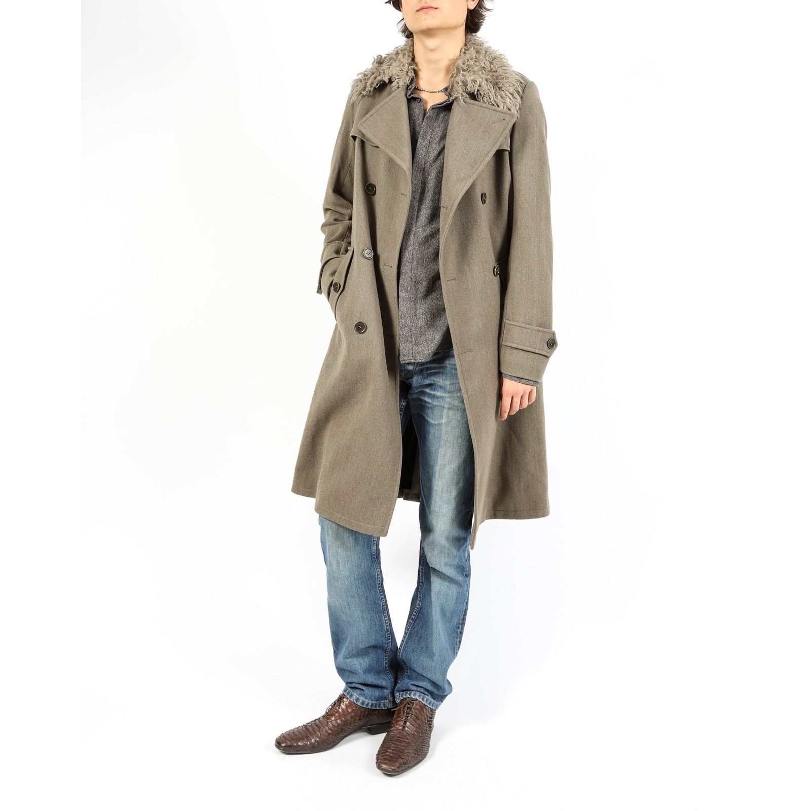 Dries Van Noten FW16 Faux Fur Collar Double Breasted Long Coat in Grey Wool Size US S / EU 44-46 / 1 - 6 Thumbnail