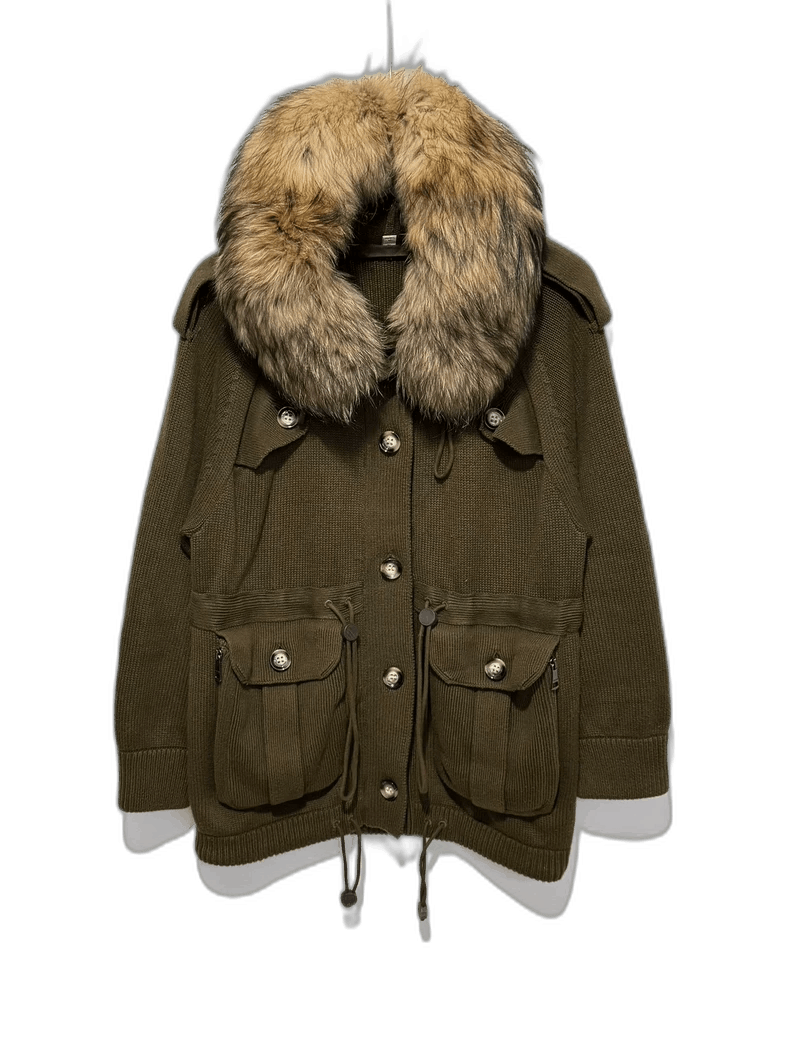 Burberry Burberry Olive Green Knit Coat with Fur Collar Size US XS / EU 42 / 0 - 1 Thumbnail