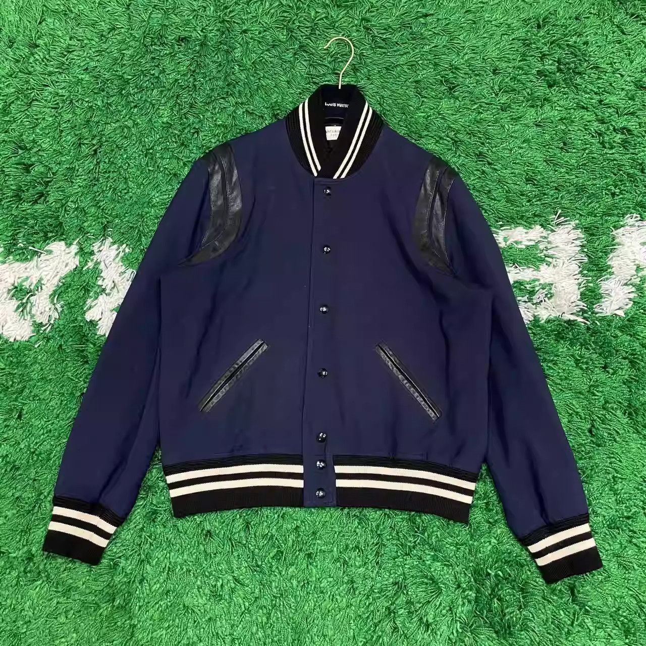 Saint Laurent Navy Blue Leather Patchwork Baseball Jersey