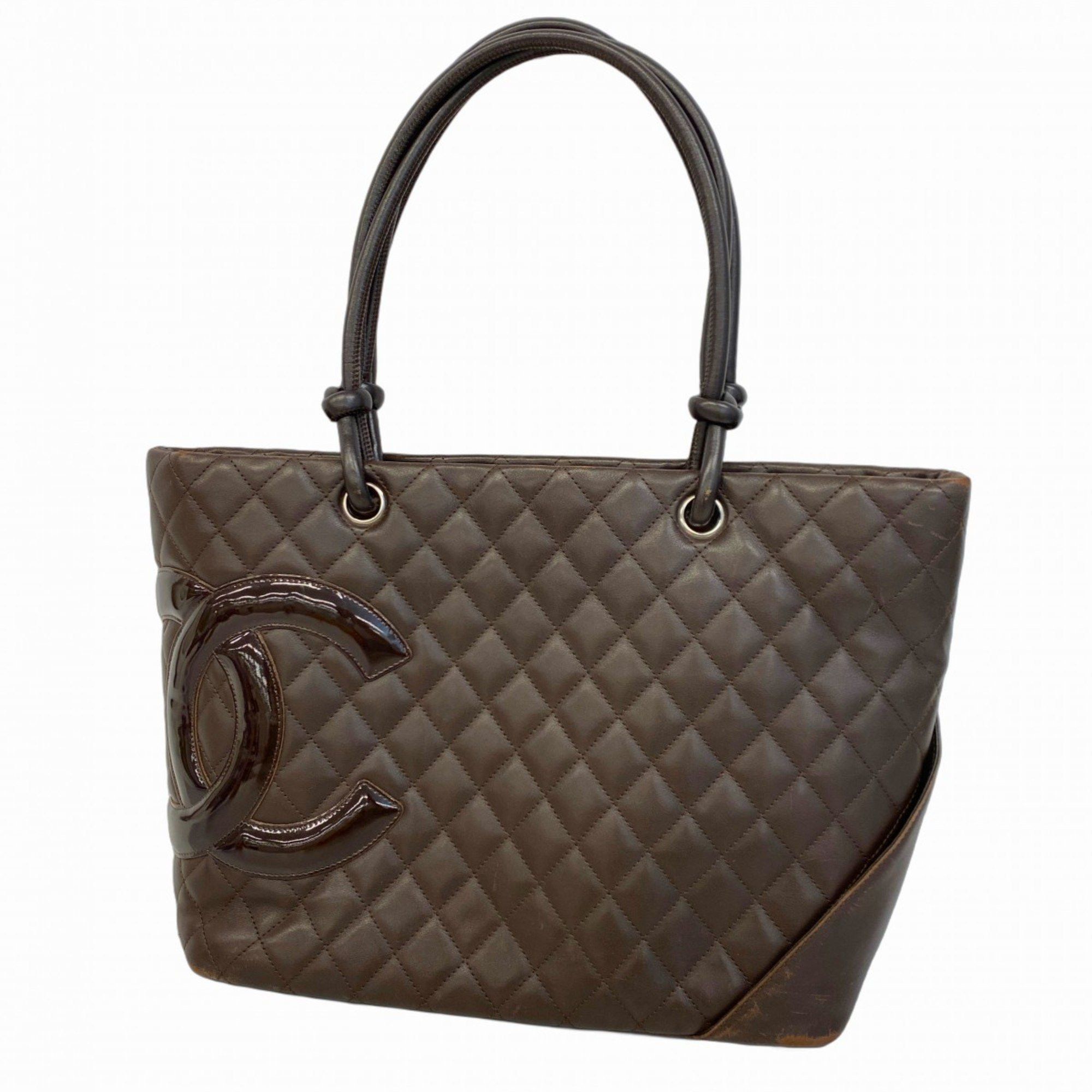 Chanel Tote Bag Cambon Lambskin Patent Leather Brown Women's