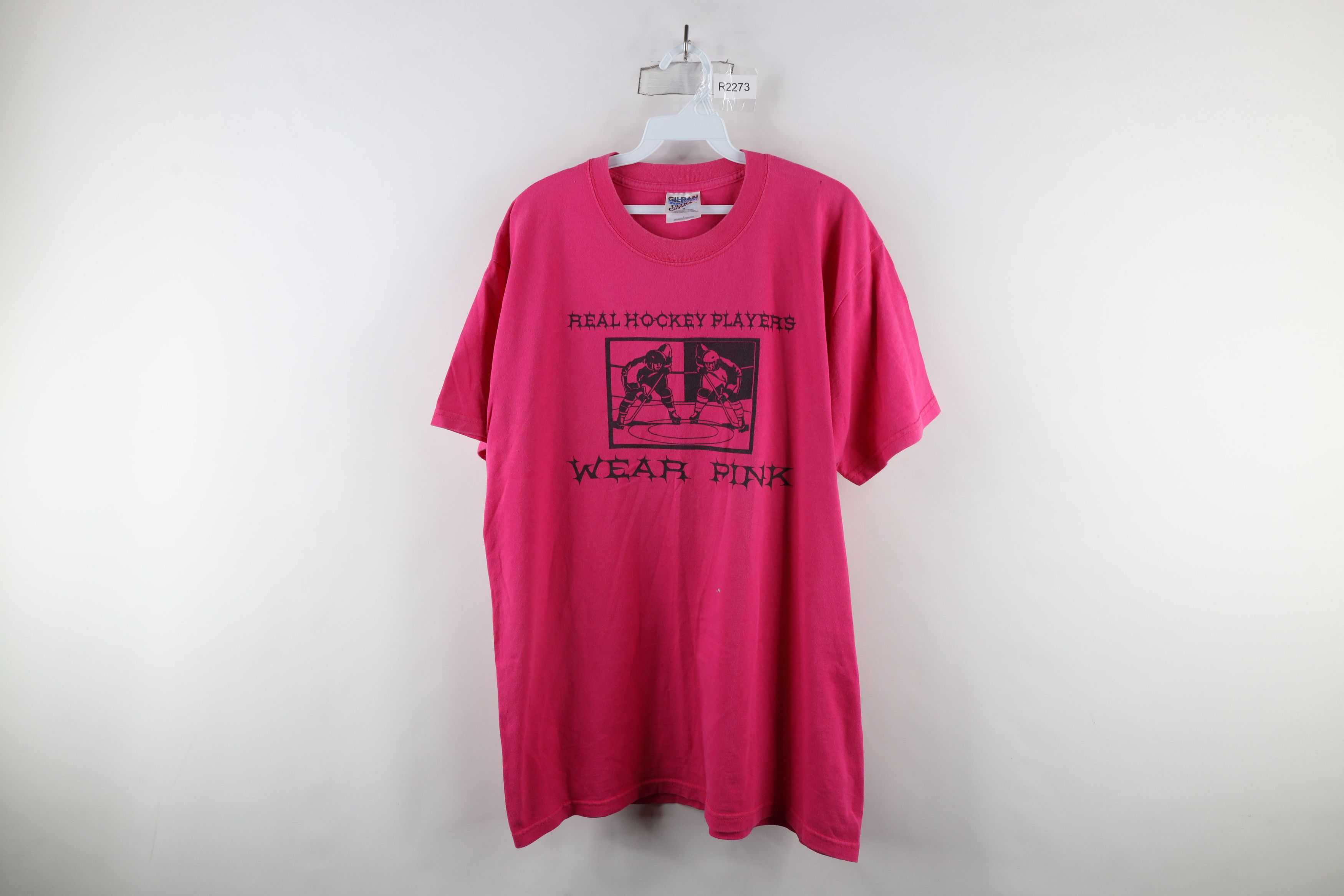 Vintage Vintage 90s Hockey Players Wear Pink Shot Sleeve T-Shirt Size US L / EU 52-54 / 3 - 1 Thumbnail