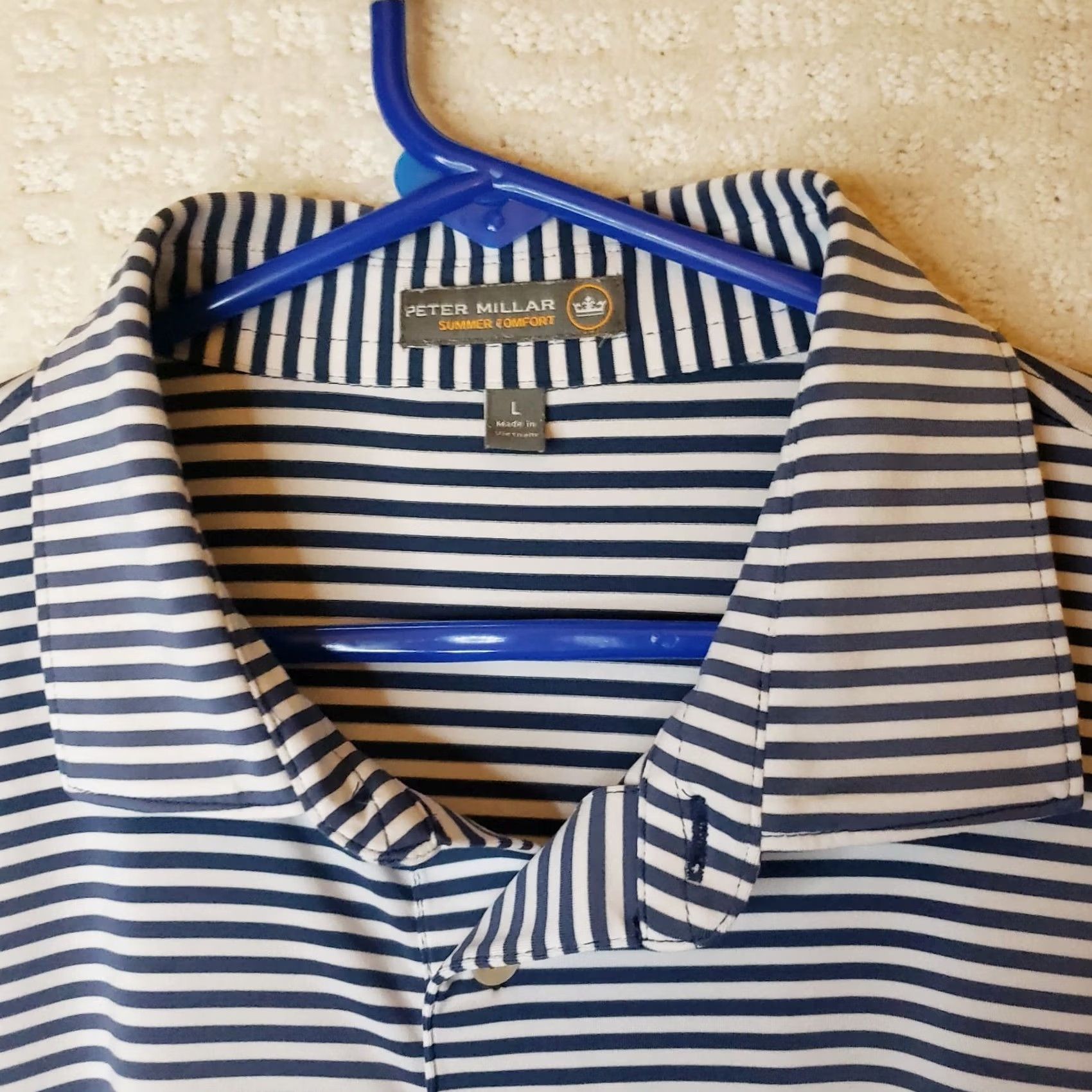 Peter Millar Peter Millar Summer Comfort Polo Shirt Navy Blue White Striped Golf L Crown Shirt Mens L Blue White Striped Polo Size US L / EU 52-54 / 3 - 6 Thumbnail
